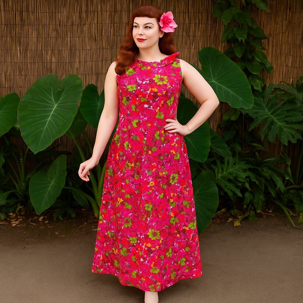 Vintage 60s 70s Royal Hawaiian Maxi Dress Pink Floral Ruffle Collar Tiki Pinup