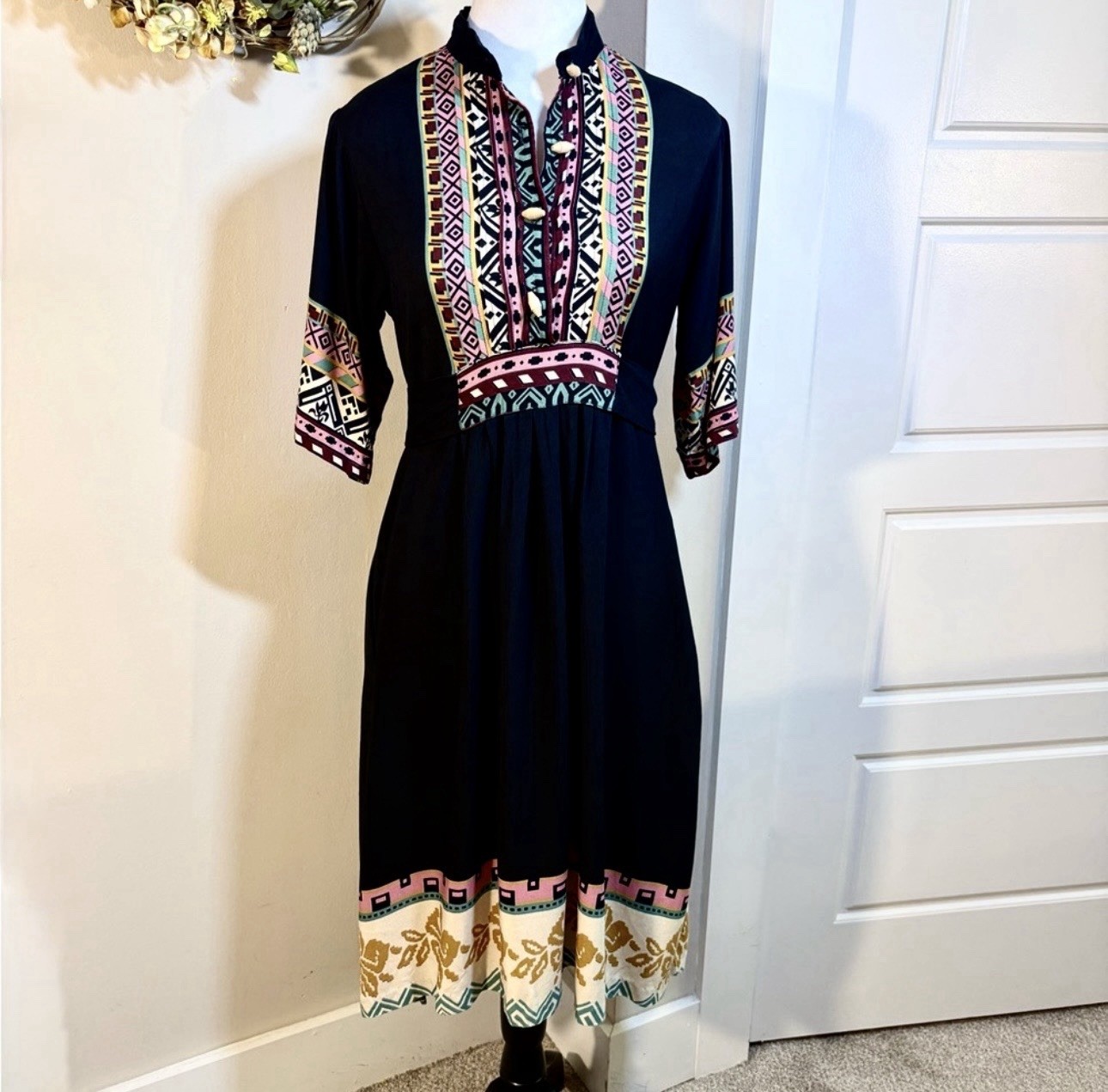 💥Vintage Ragtime Boho Midi Dress Pintuck Bodice Bodice Sz S💛