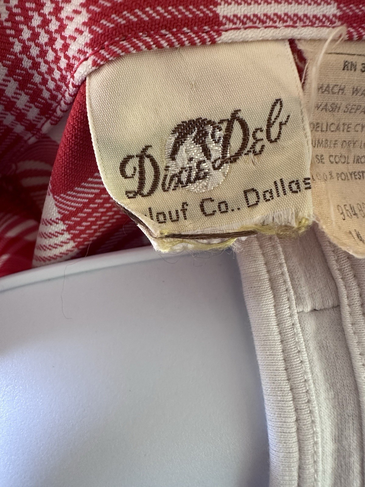 Dixie Deb Vintage Shirt Polyester Red And White Plaid. Button Up, 4 Pockets.