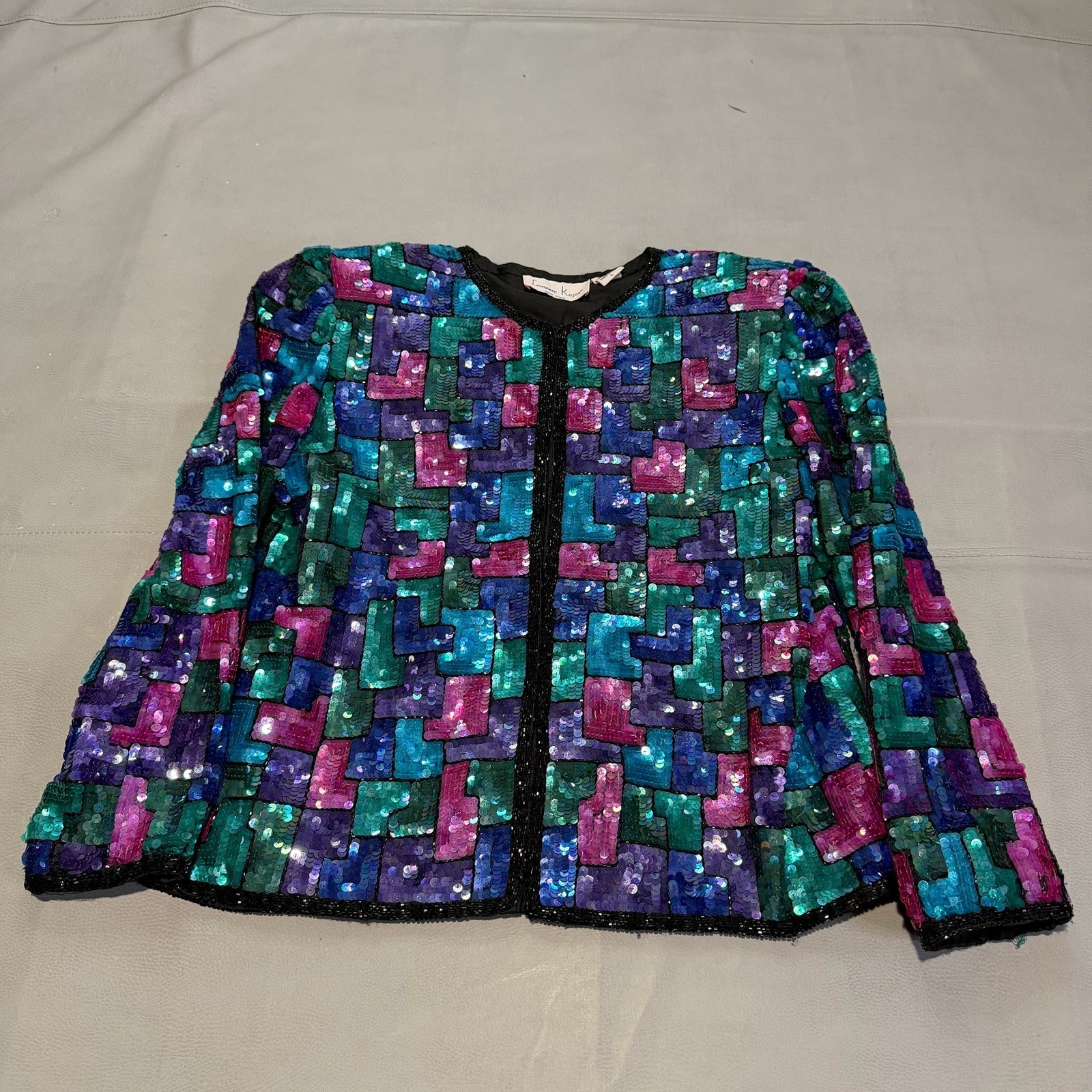 VTG Laurence Kazar Sequin 100% Silk Geometric Blazer Jacket Colorful Festivel-L-
