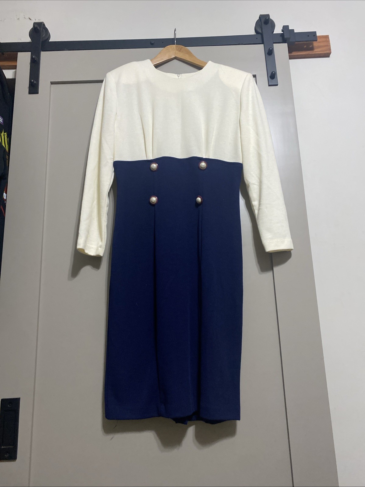 Vintage 80’s Champagne West Secretary Dress Navy Whote Colorblock Pearl Button