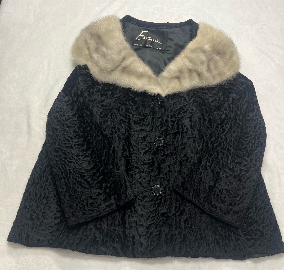 EVANS Black Genuine Persian Lamb w/ White Mink Fur Cropped Vtg Swing Coat-420