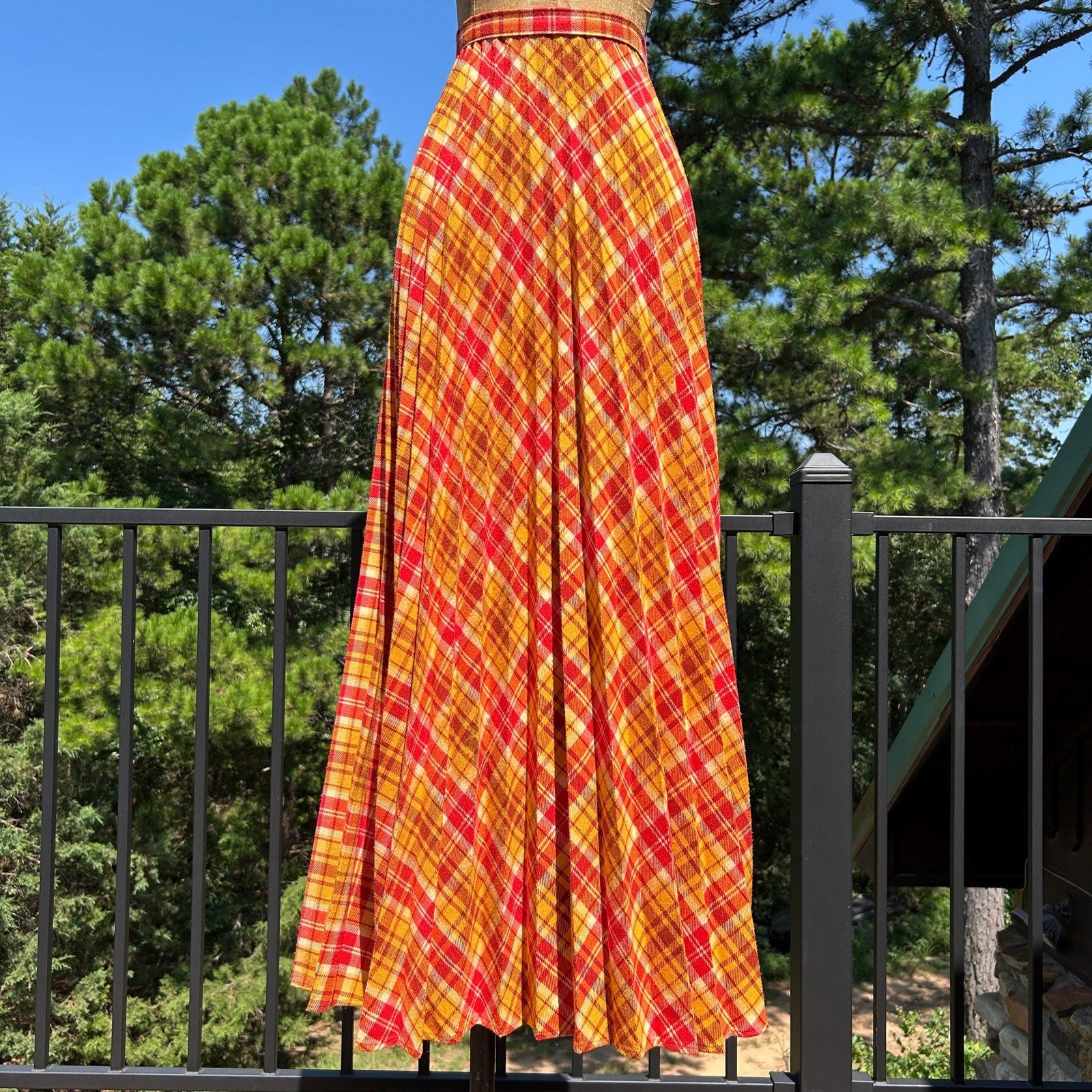 Vintage 60s Red Orange Plaid Accordion Fan Pleat High Waist Full Maxi Skirt M