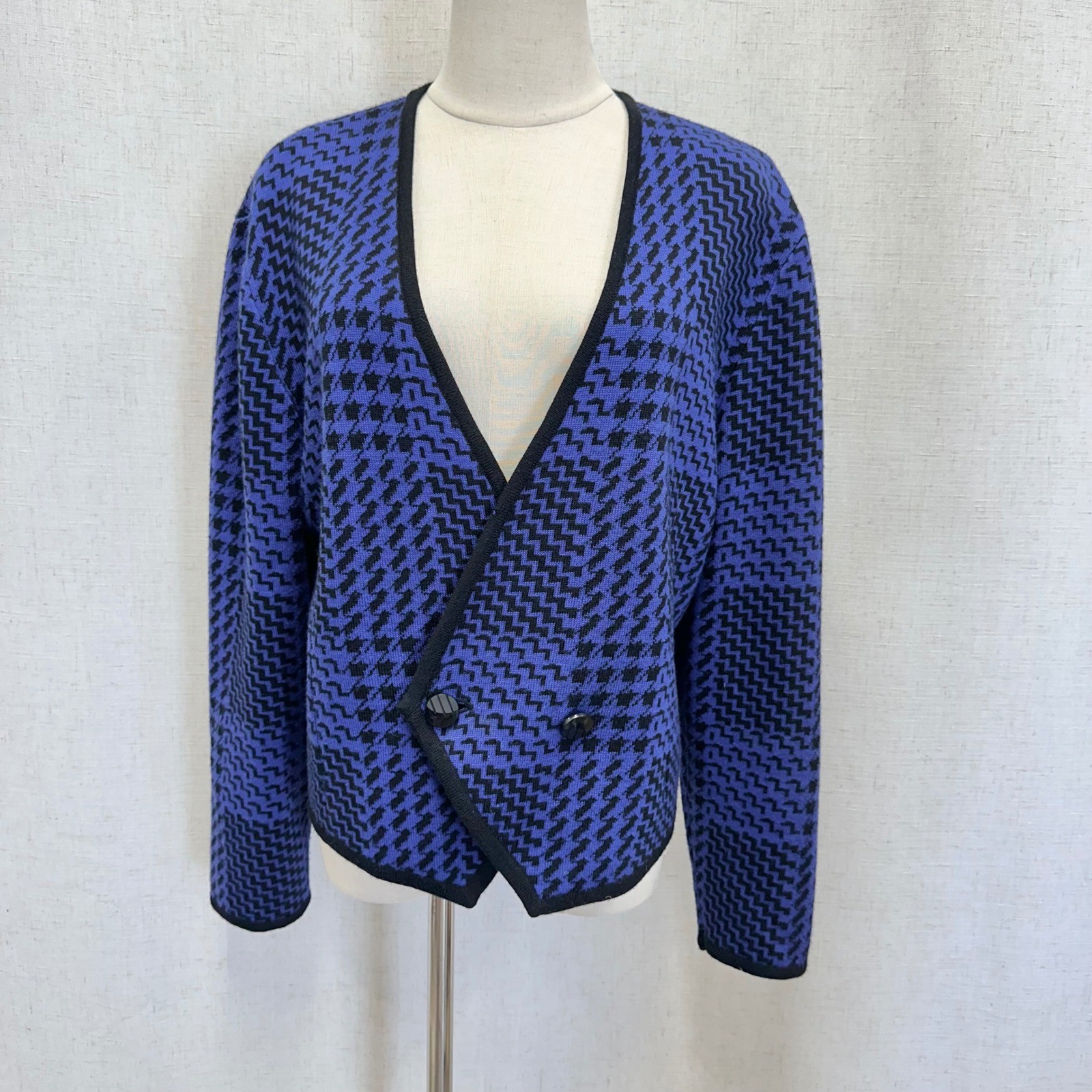 Ciao Ltd Vintage Cardigan Womens Large Blue Black Houndstooth Wool Blend Knit