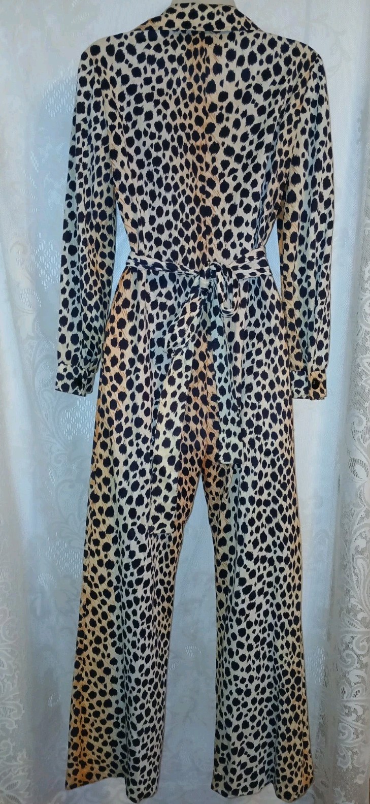Vintage 70s Disco Leopard Nylon Zip Front Jumpsuit Pantsuit Dagger Collar M EUC