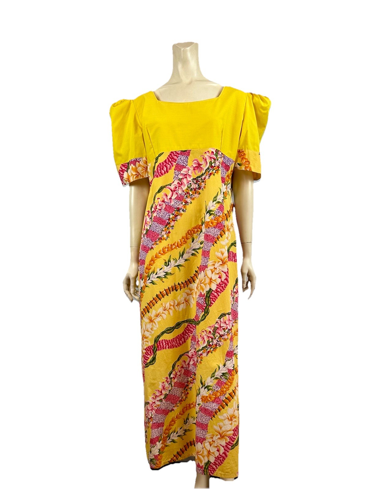 Yellow Hawaiian Floral Maxi Dress, Empire Waist, No Label, Size Large