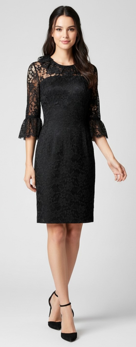 Joseph Magnin Vintage 60’s Black Lace Cocktail Illusion Dress Bell Cuffs LBD S