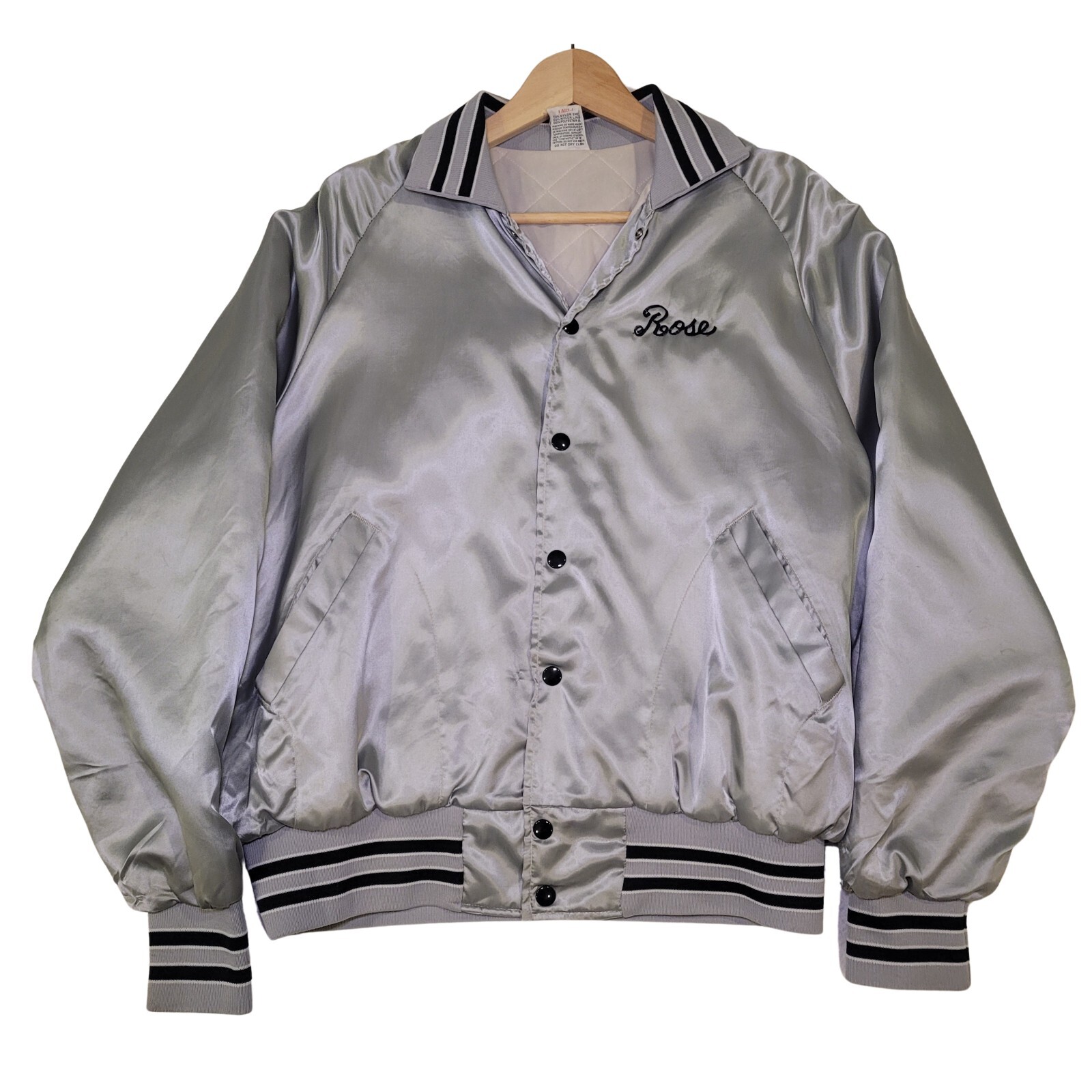 80s 90s Vintage Satin Silver Collared Bomber Jacket Rose Construction, Large