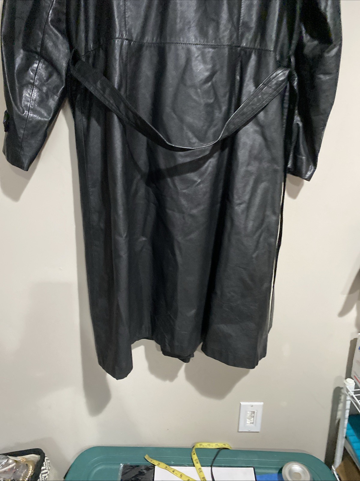 Vtg The Tannery Montgomery Ward Leather Trench Overcoat Black Midi Belted Sz Med