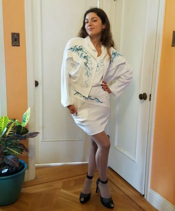 Vtg 80s Wht 3 Pc Jacket Top Skirt Sz M Turquoise Sequins Beaded IIF Art to Wear