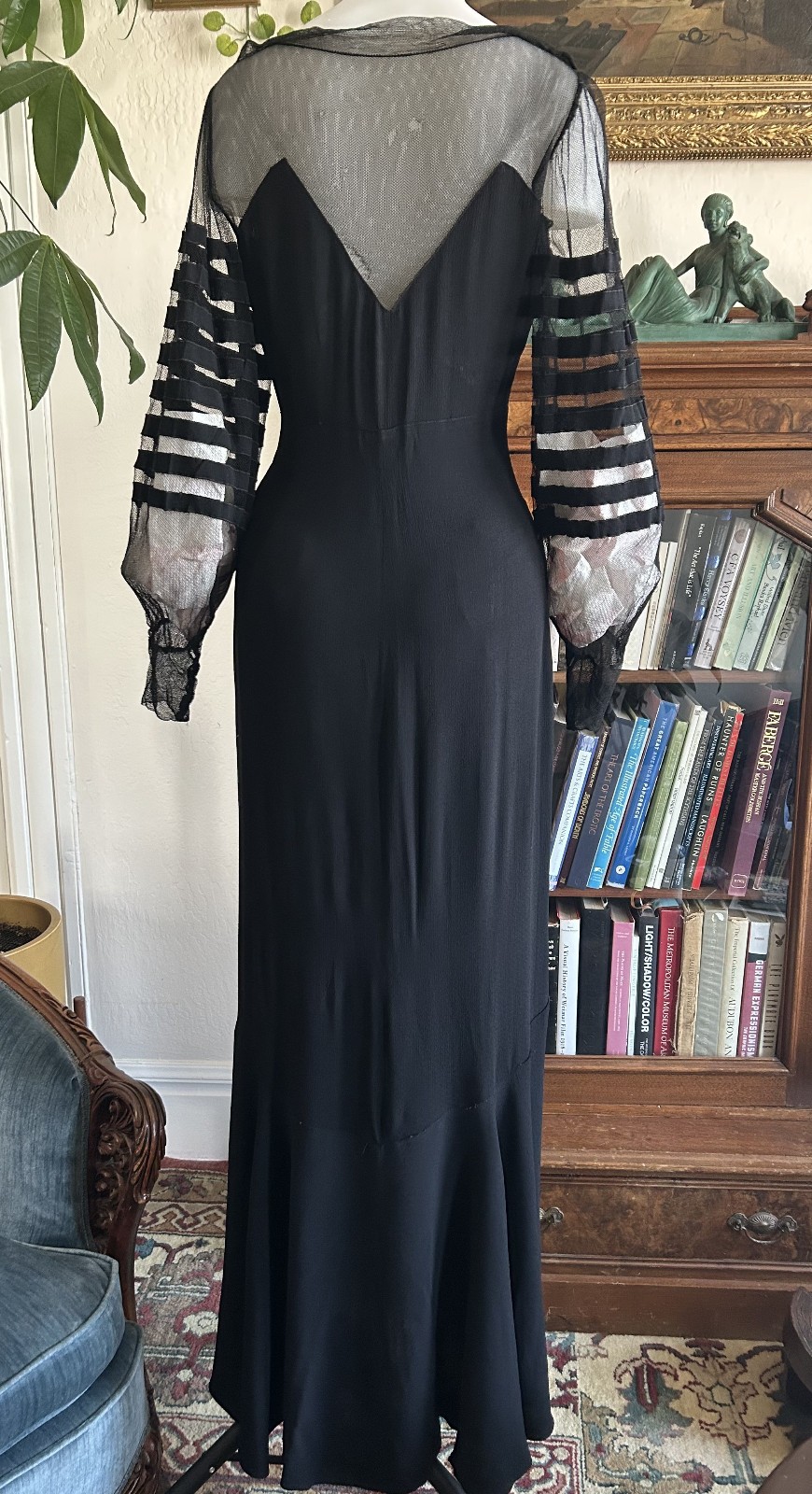 Vintage 1930s Black Mesh Net Gown Balloon Sleeves Bias Cut Art Deco Maxi Dress