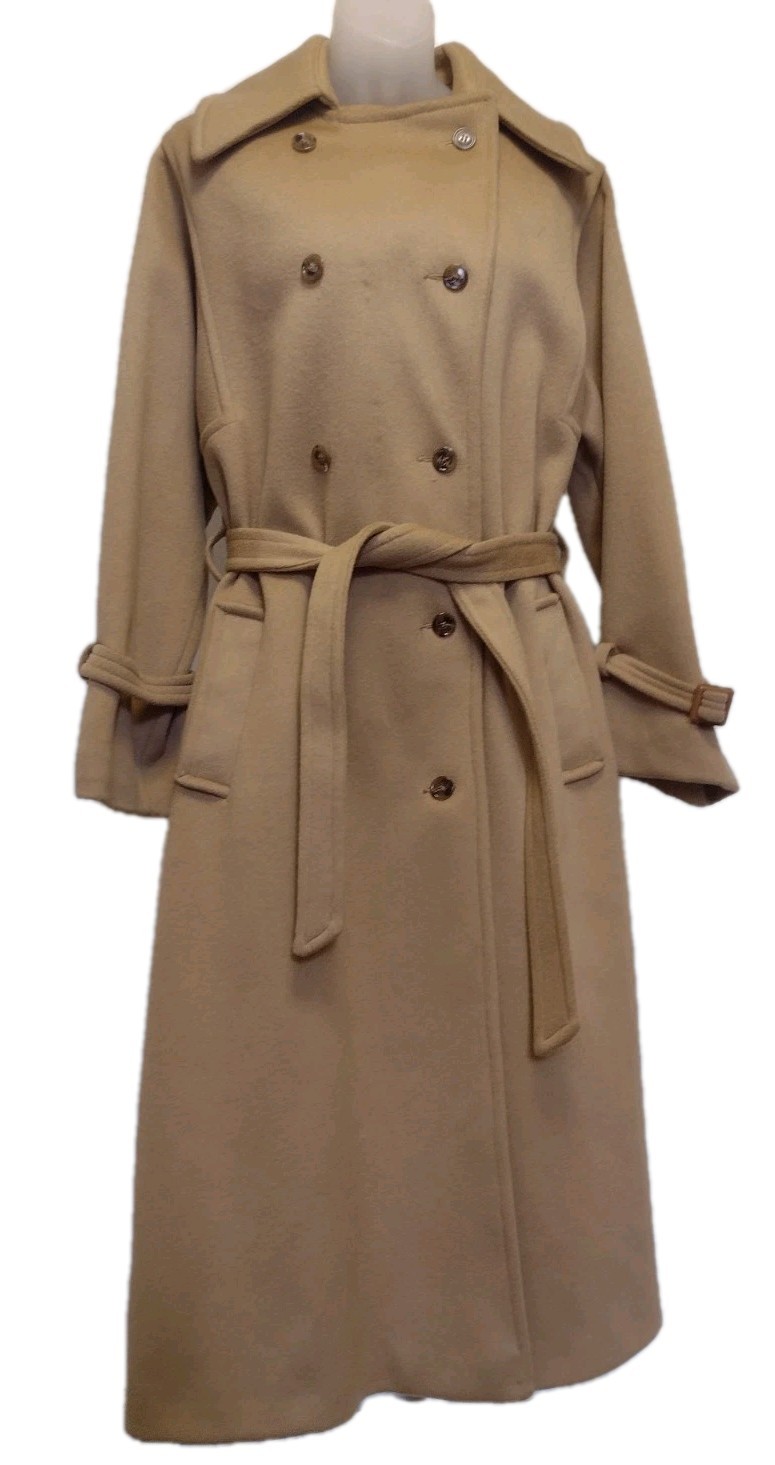 Vintage Stevens Forstmann Wool Long Coat Camel Belted USA ILGWU Quiet Luxury L