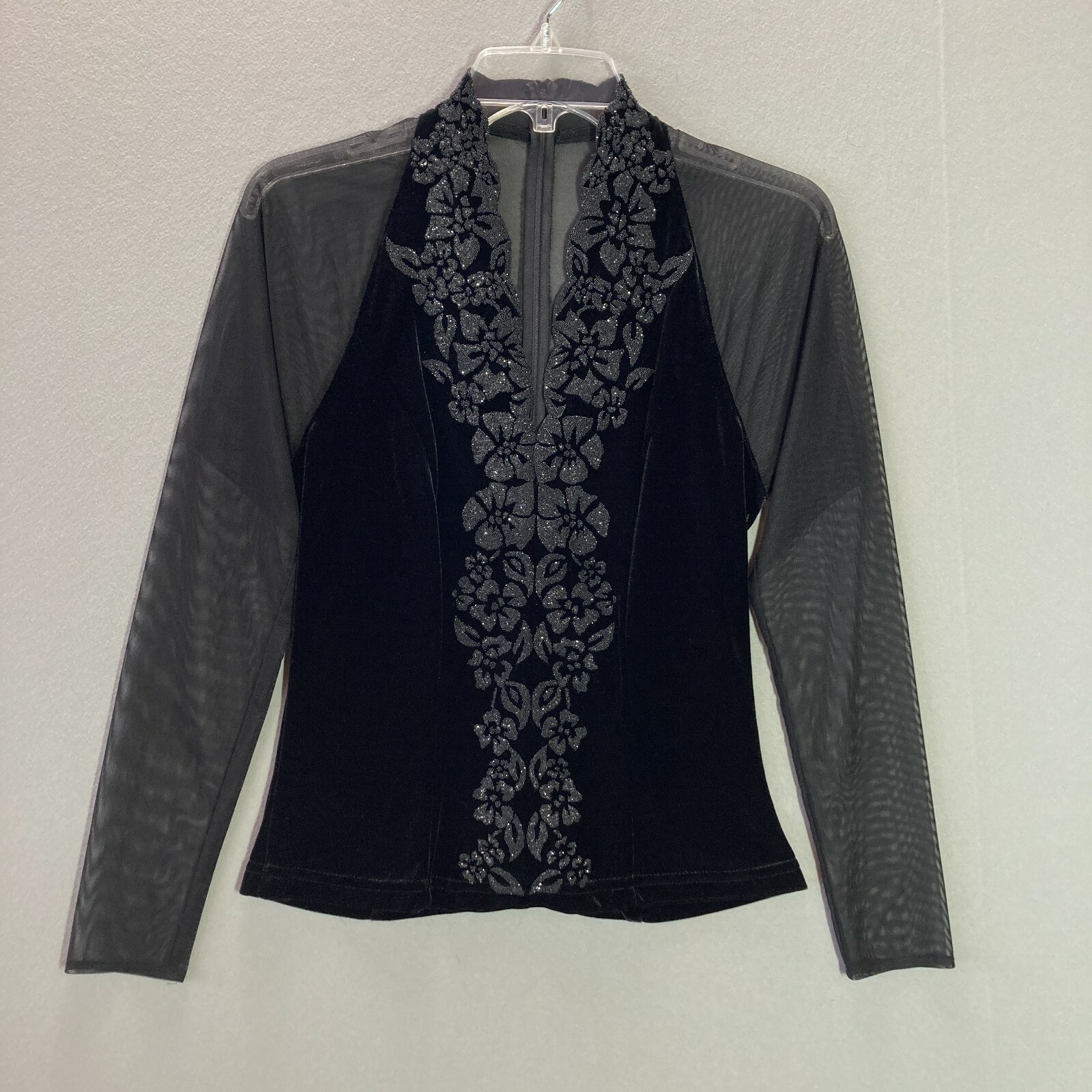Vintage Gothic Black Velvet Mesh Long Sleeve Top Shirt Plunging Sexy Zip Size 10