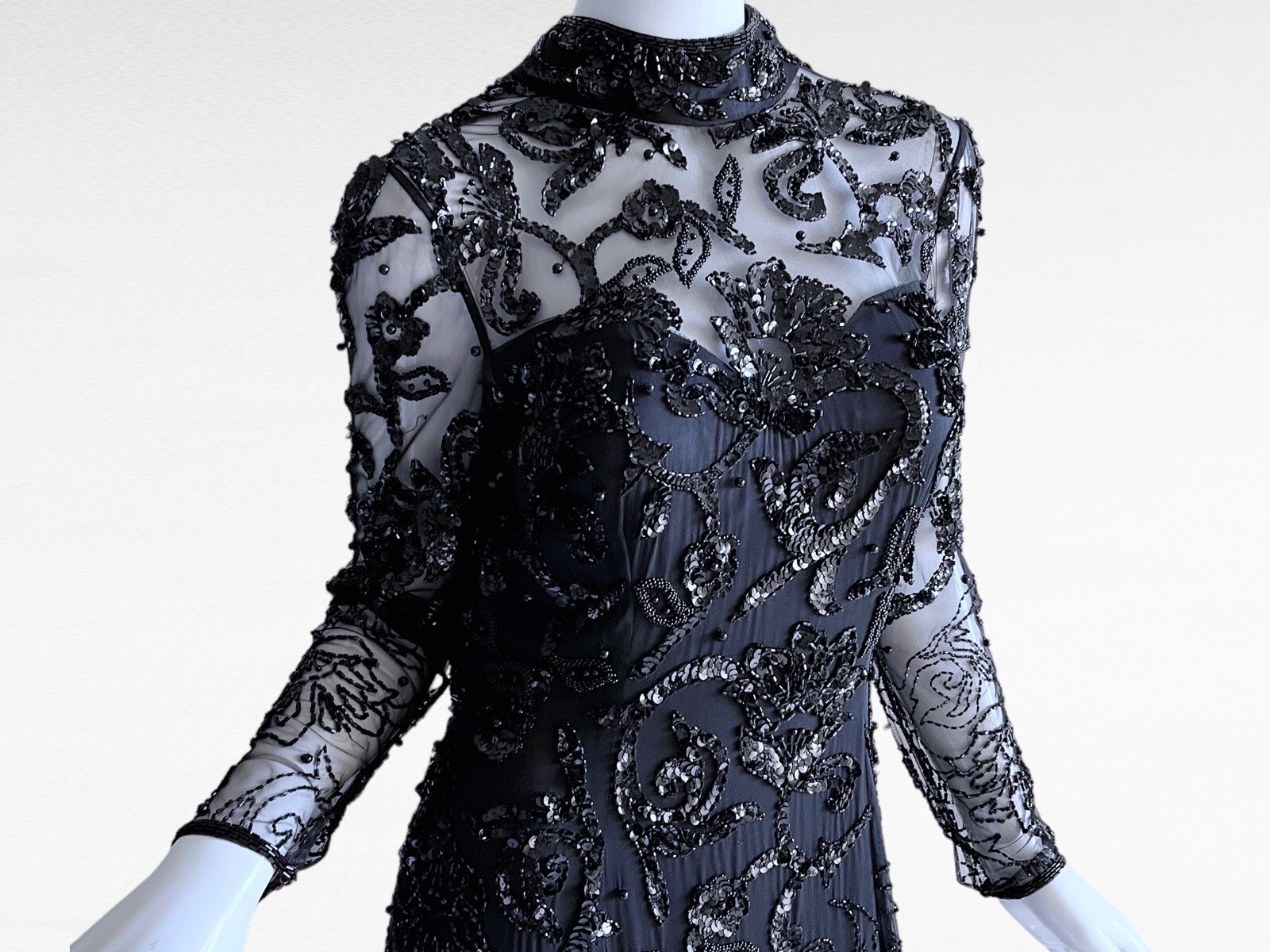 1980s Black Sequin Beaded Victorian Edwardian Goth Evening Dress Medium