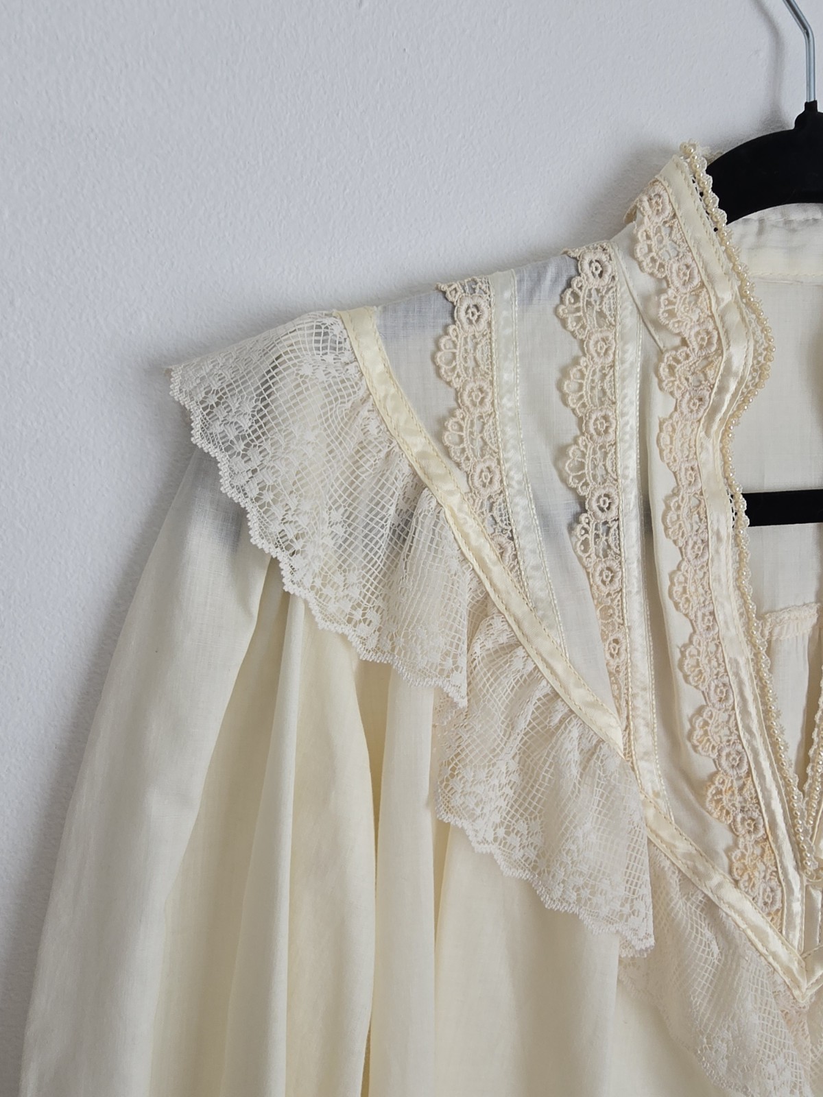 Ivory Lace Victorian Style Long Sleeve Shirt with Lace Trim and Button Cuffs