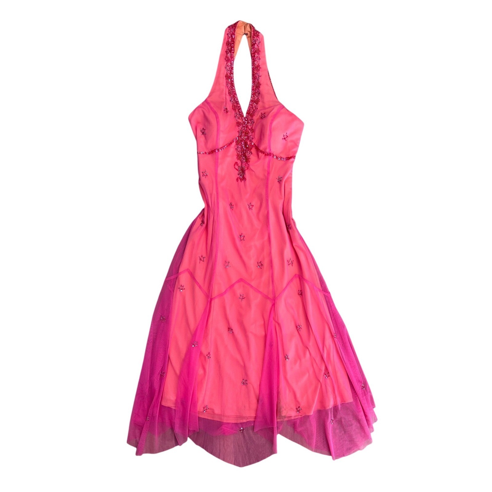 Vintage Niki Livas Beaded Evening Gown Pink Orange Halter Open Back 12