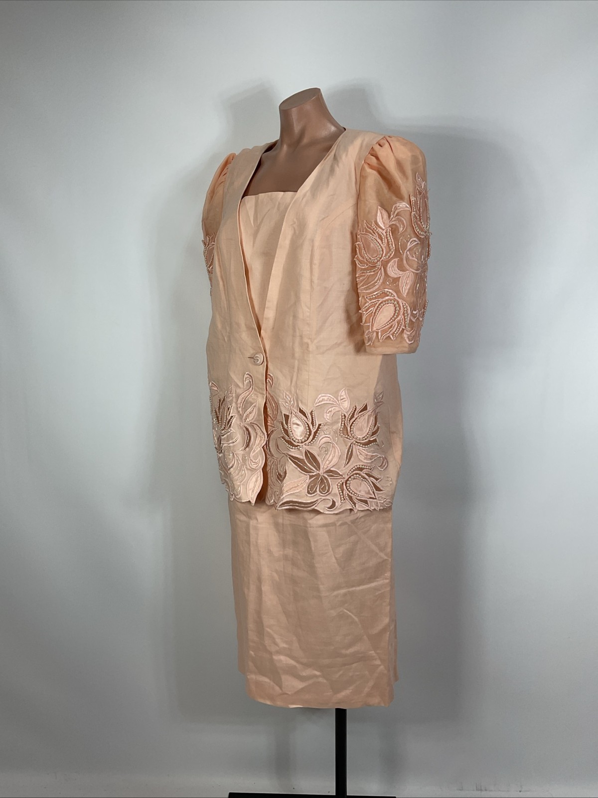 Vintage 80s DAVINCi Pink Suit Puffy Sleeve Suit Jacket Skirt 16X Beaded Linen