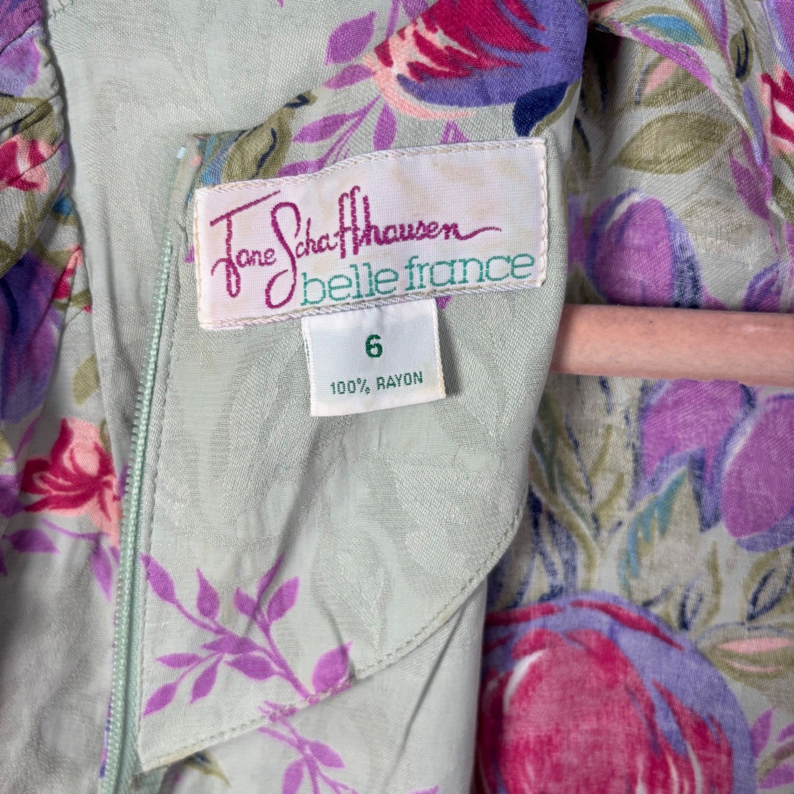 Jane Schaffhausen Belle France VTG Floral Rayon Dress Sage Green 6 Peony Garden