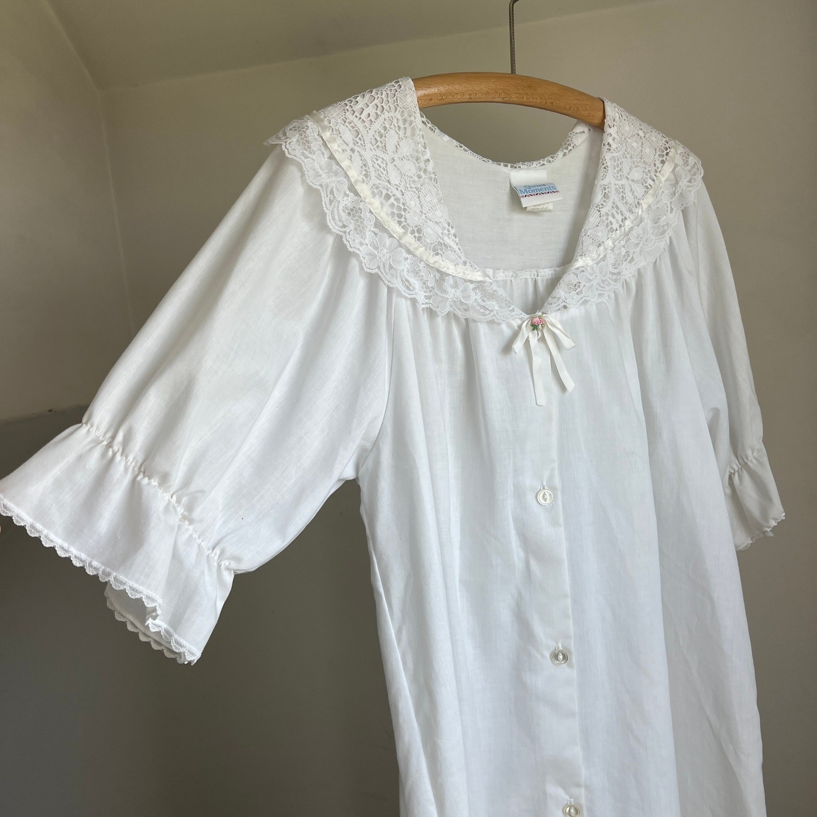 Vintage Cotton Blend Nightgown Medium White Lace Button Front Cottagecore Dress