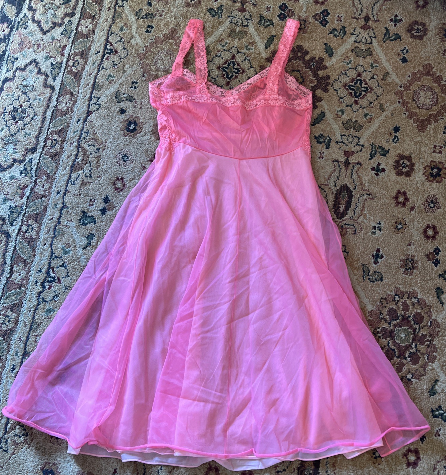 VTG 50’s VANITY FAIR SIZE M 32 NIGHTIE NIGHTGOWN PINK TRICOT NYLON CHIFFON LACE