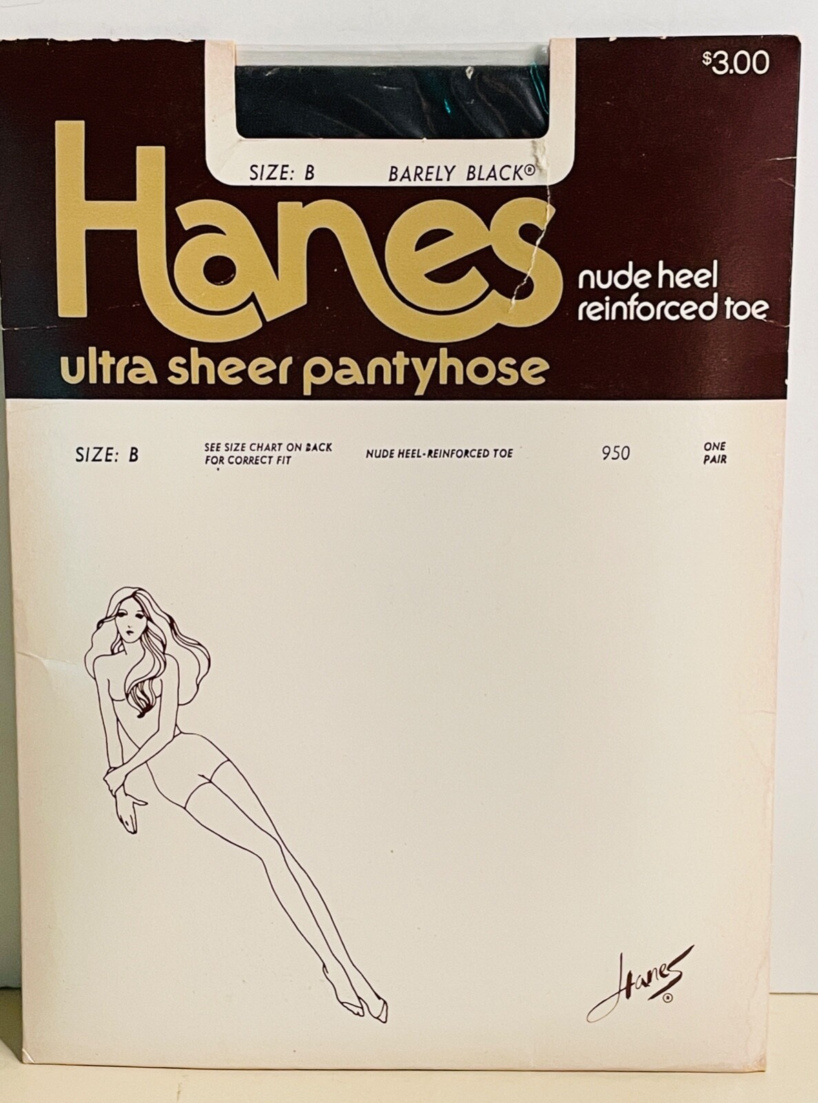 NOS VTG HANES ULTRA SHEER PANTYHOSE BARELY BLACK NYLONS HEEL*SZ.B