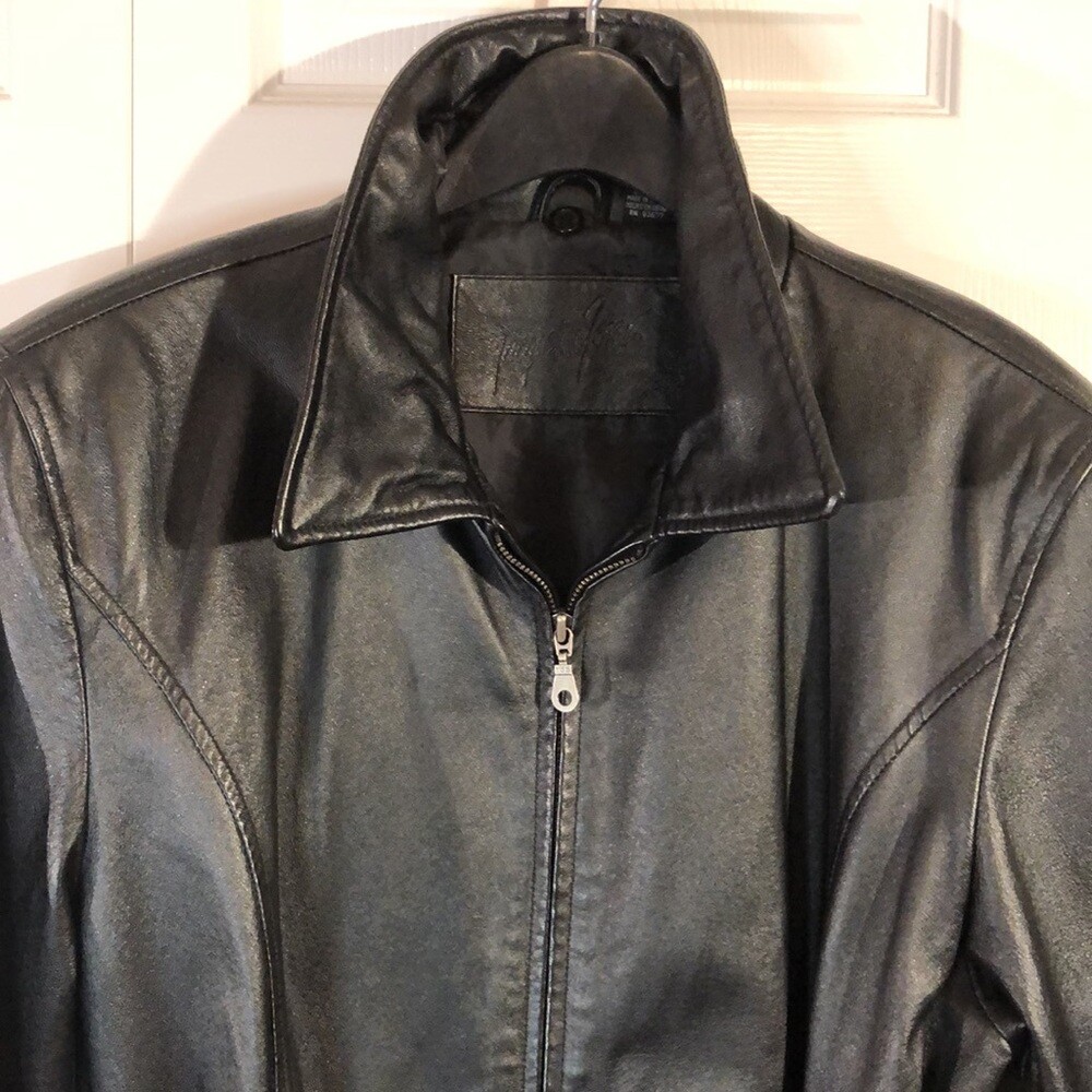 Size L Leather Jacket Vintage Jaqueline Ferrara Black Full Zip w/Waist Tie