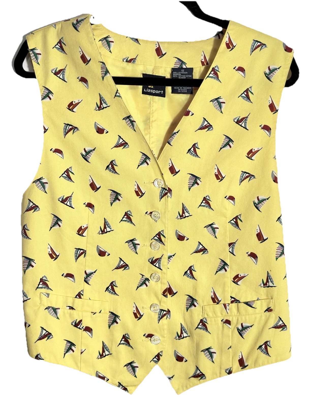 Vintage Lizsport Yellow Sailboat Vest Women’s Cotton Summer Cruise Vacation