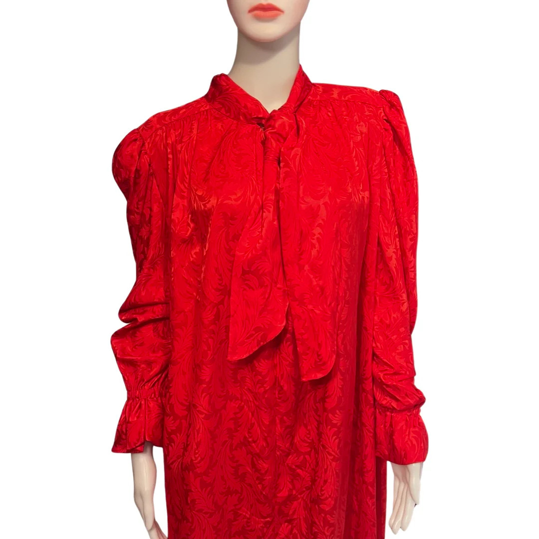 Vintage 1970s Mollie Parnis Plus Size Red Caftan Satin Floral Design