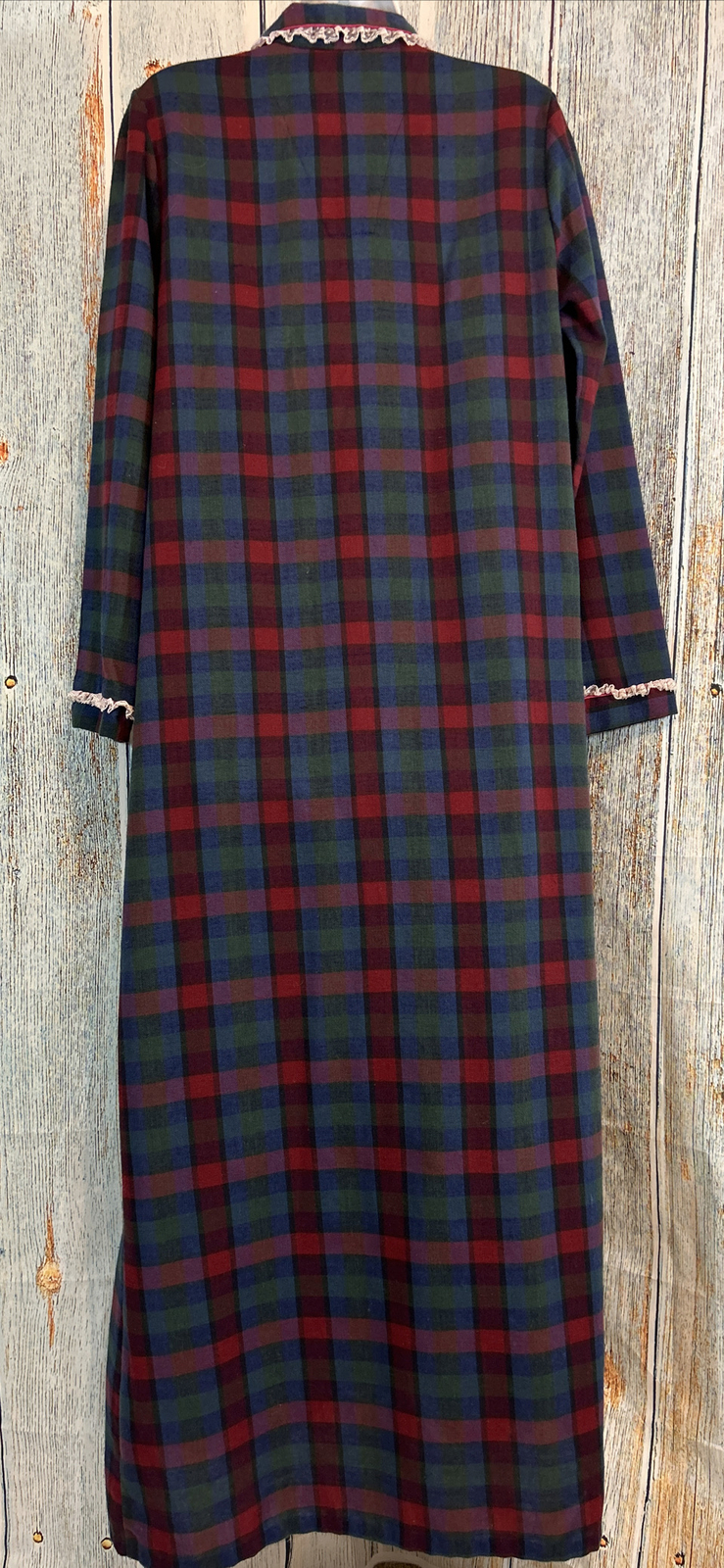 Vintage Plaid Long Nightgown Size Medium Lace Trim Full Length Brandywine