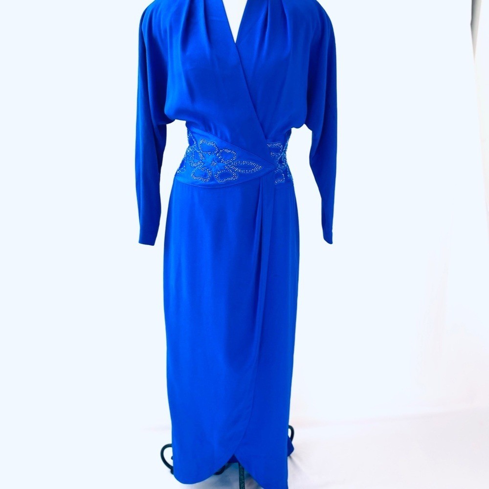 Vintage 80’s Daymor Couture Blue Wrap Style Dress with Beaded Embellishments S
