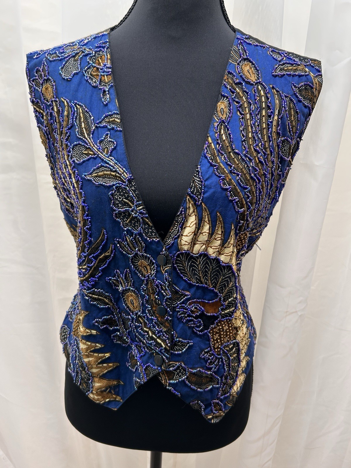 Vintage Tan Cita Womens M Blue Gold Beaded Embroidered Vest Boho Y2K Tie Back