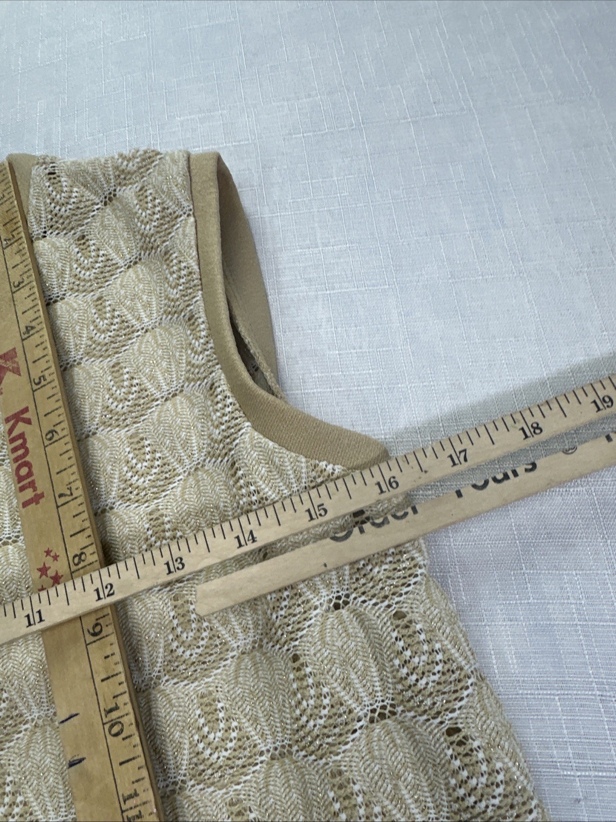 VTG Sears Fashion Beige Gold Metallic Knit Shell Top V-Neck Sleeveless 60s 70s