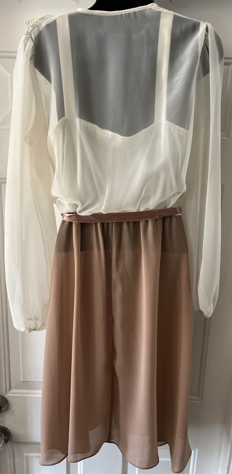 70’s Vintage Polyester Lace Ruffle Neck trim Belted Dress Size S/M?