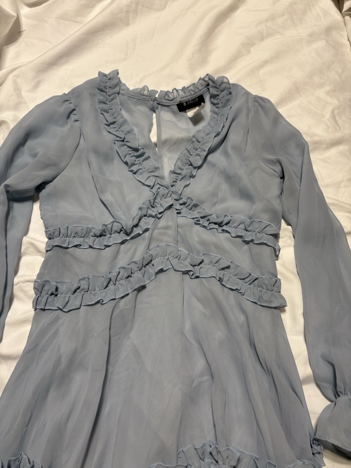 VTG 1999 B. Darlin Dusty Blue Ruffle Chiffon Mini Dress