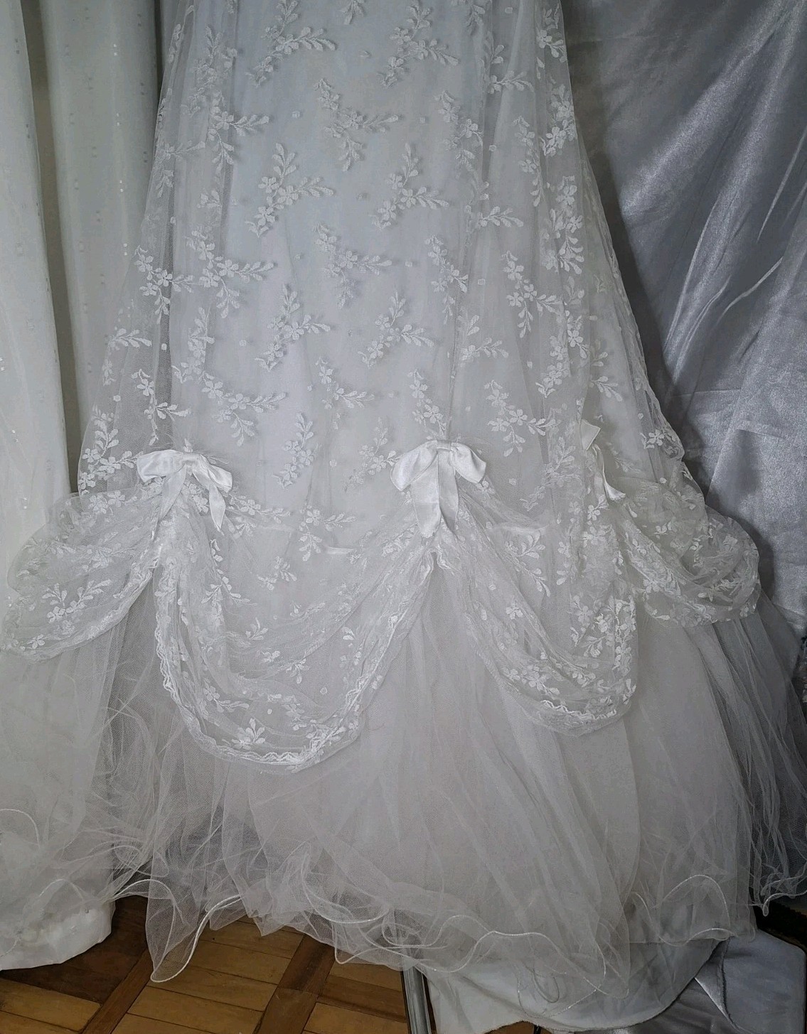Vintage 80s PRONUPTIA Paris Lace Wedding Dress Puff Sleeve Bridal Gown XS/S