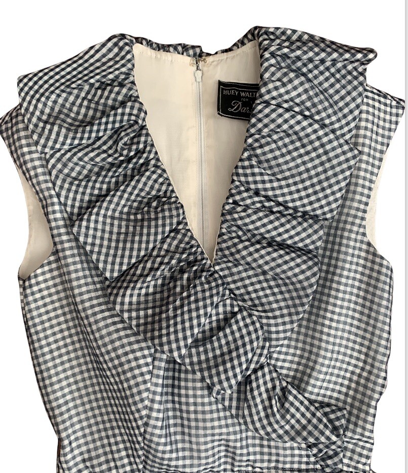 Vtg 80s Retro 50s Dress Blue White Gingham Sleeveless Huey Waltzer Rockabilly