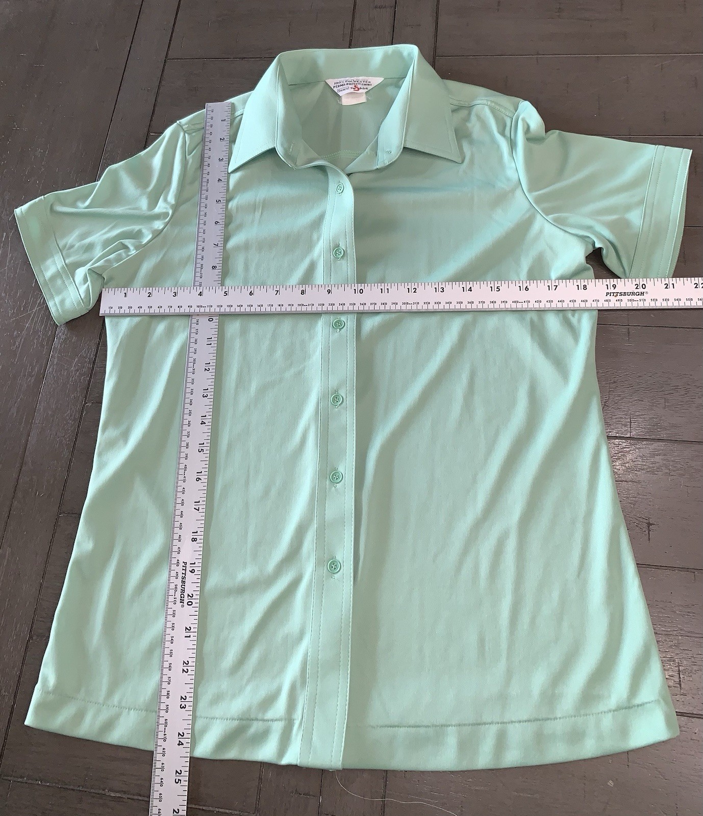 C1 80s Mint Green Button Up Blouse Short Sleeve Pointed Collar SZ 16 M/L SEARS