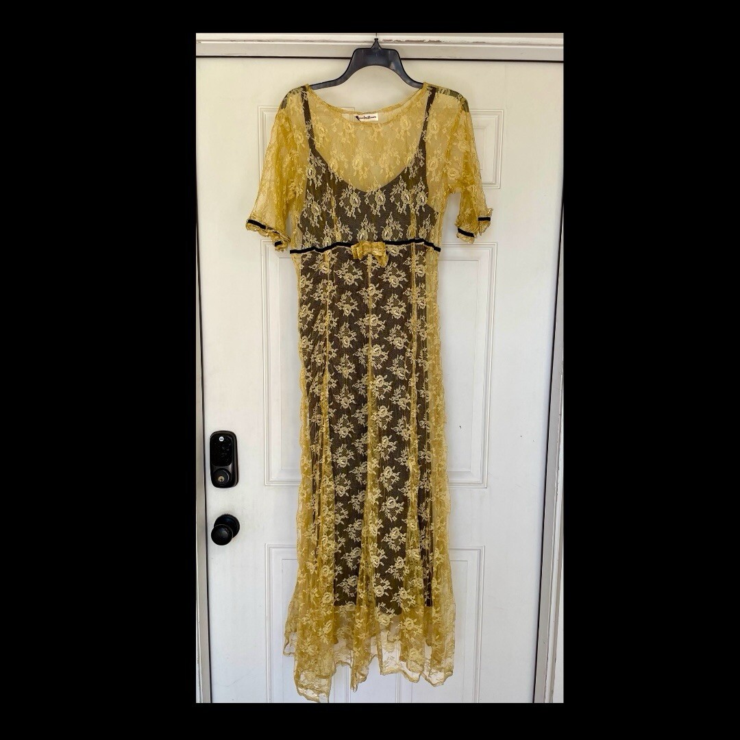 Vintage Sheer Yellow Crinkled Lacy Maxi Dress by Alexander Brown Whimsigoth 1990