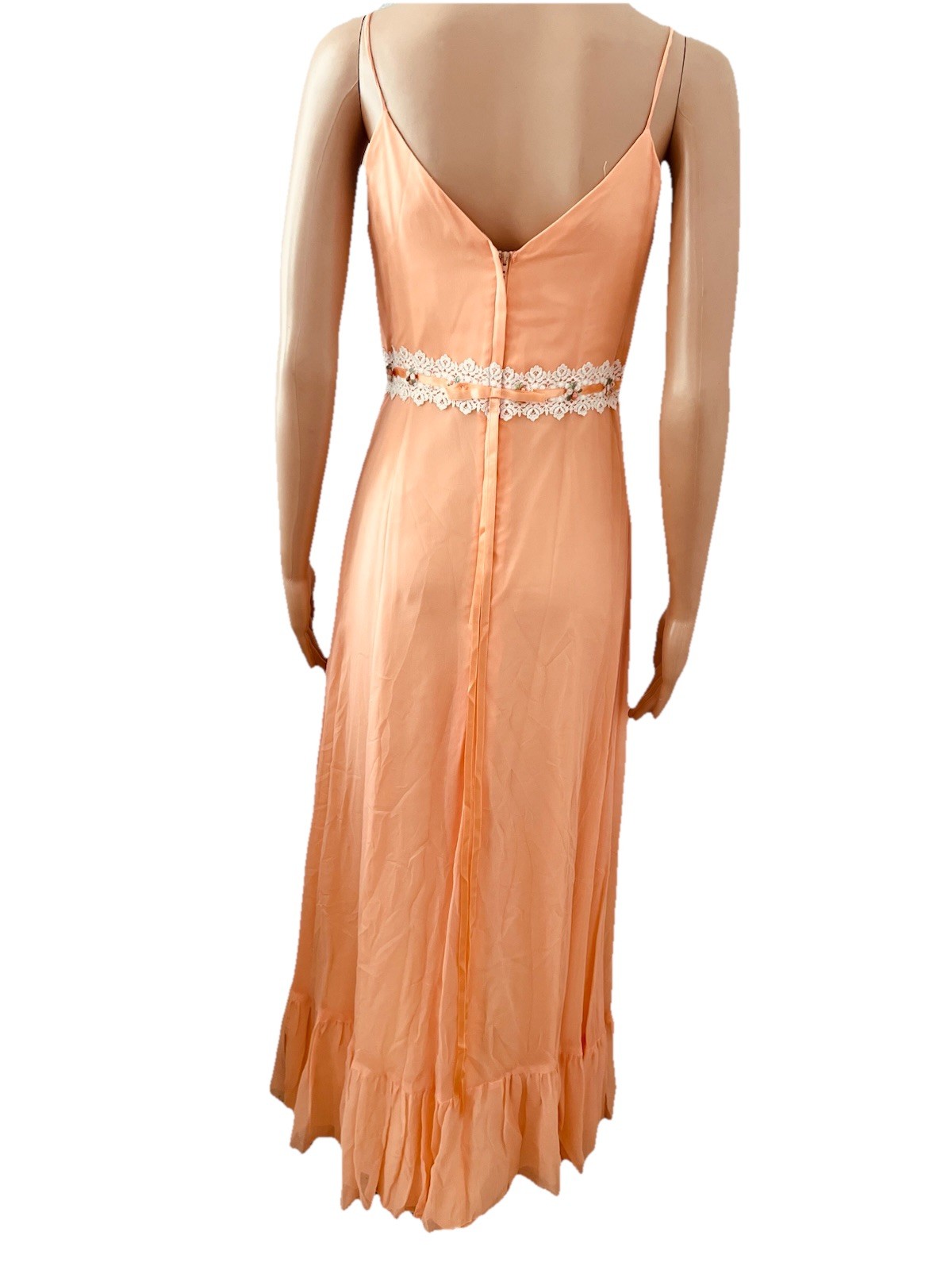 VTG 60s Peach Chiffon Maxi Dress Capelet Floral Lace Ribbon Trim Hemline Damage