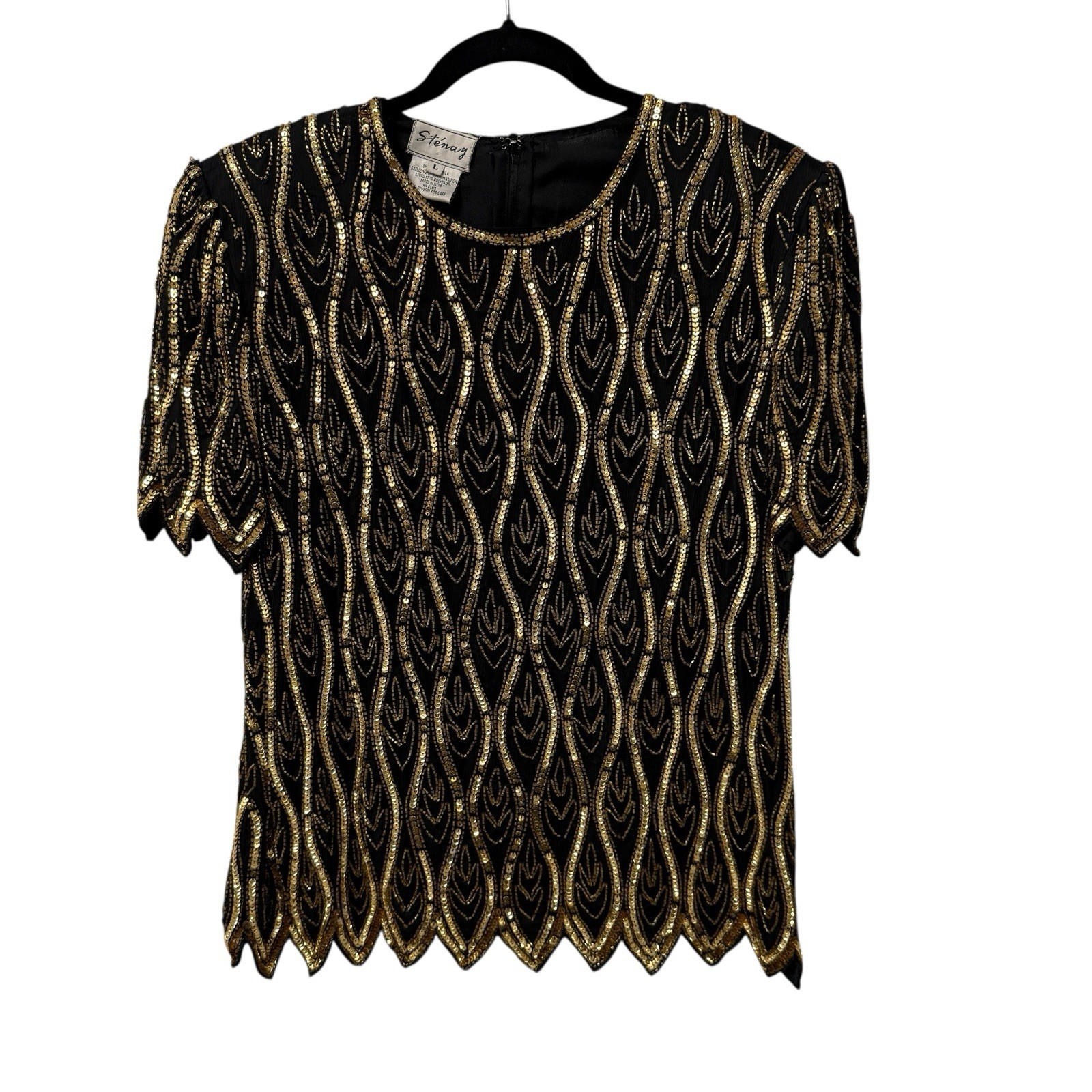 Stenay Top Vintage Beaded Sequins Silk Art To Wear Scalloped Size L Embellished