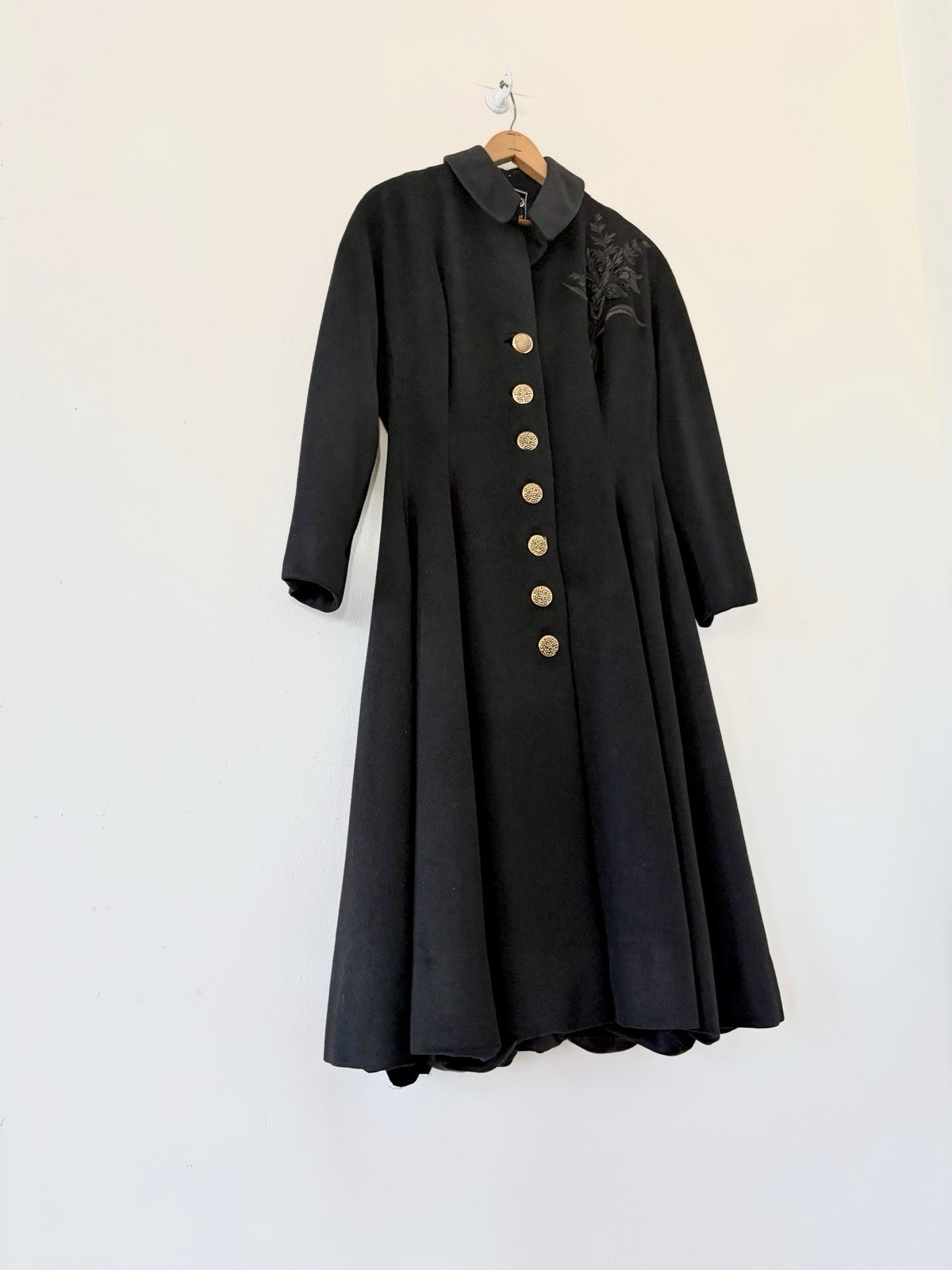 Vintage 1950s Black Wool Swing Coat Dress Princess Line Appliqué Formal New Look