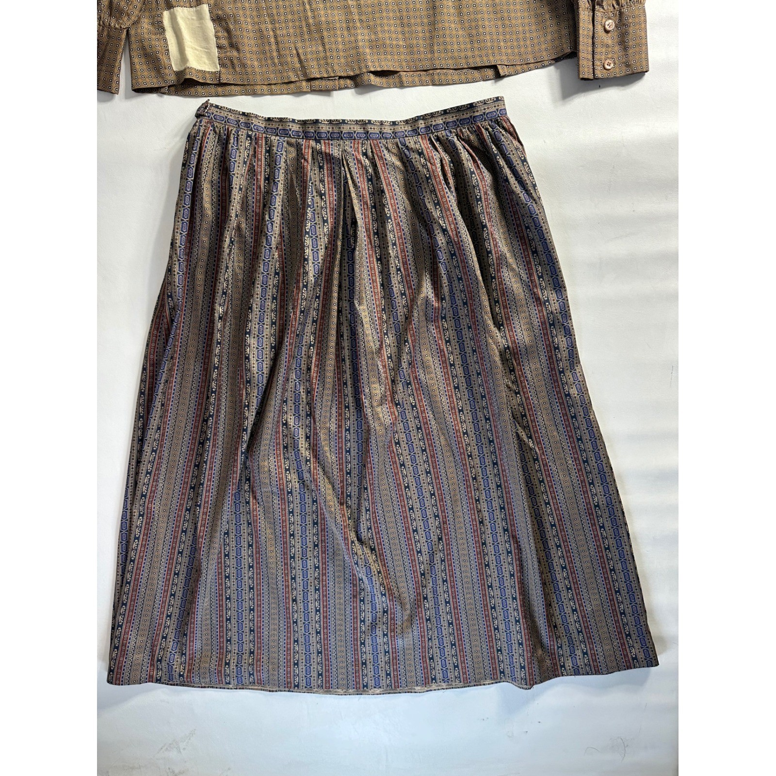 Dalton Vintage 2 Piece Skirt Set Brown Geometric Button Up Blouse Pleated Midi