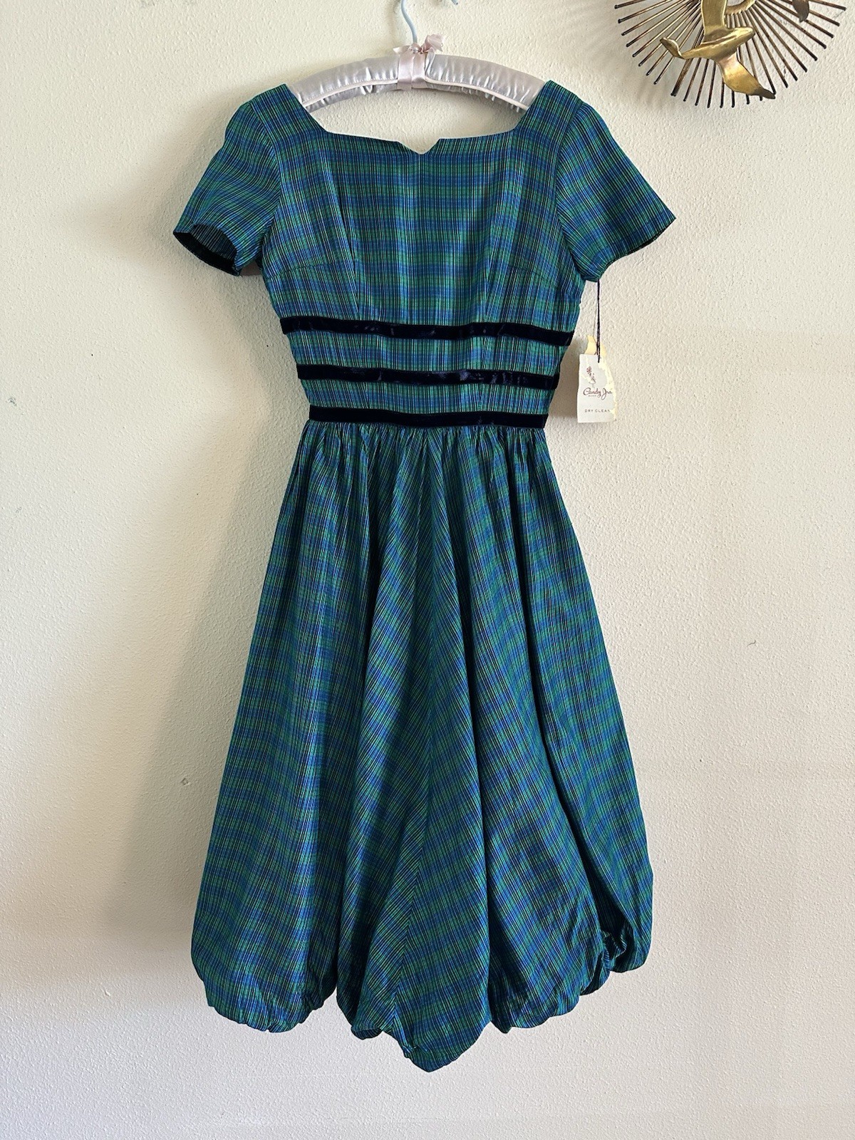 NWT 1950s Candy Jrs Plaid Bubble Hem Pouf Party Dress Velvet Bows Metal Zip VTG