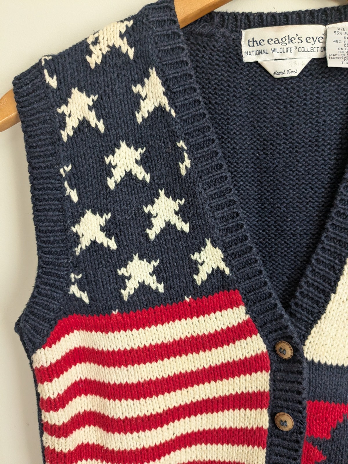 Vtg Eagles Eye Handknit Cotton Sweater Vest Patriotic USA Flag Eagle Womens S