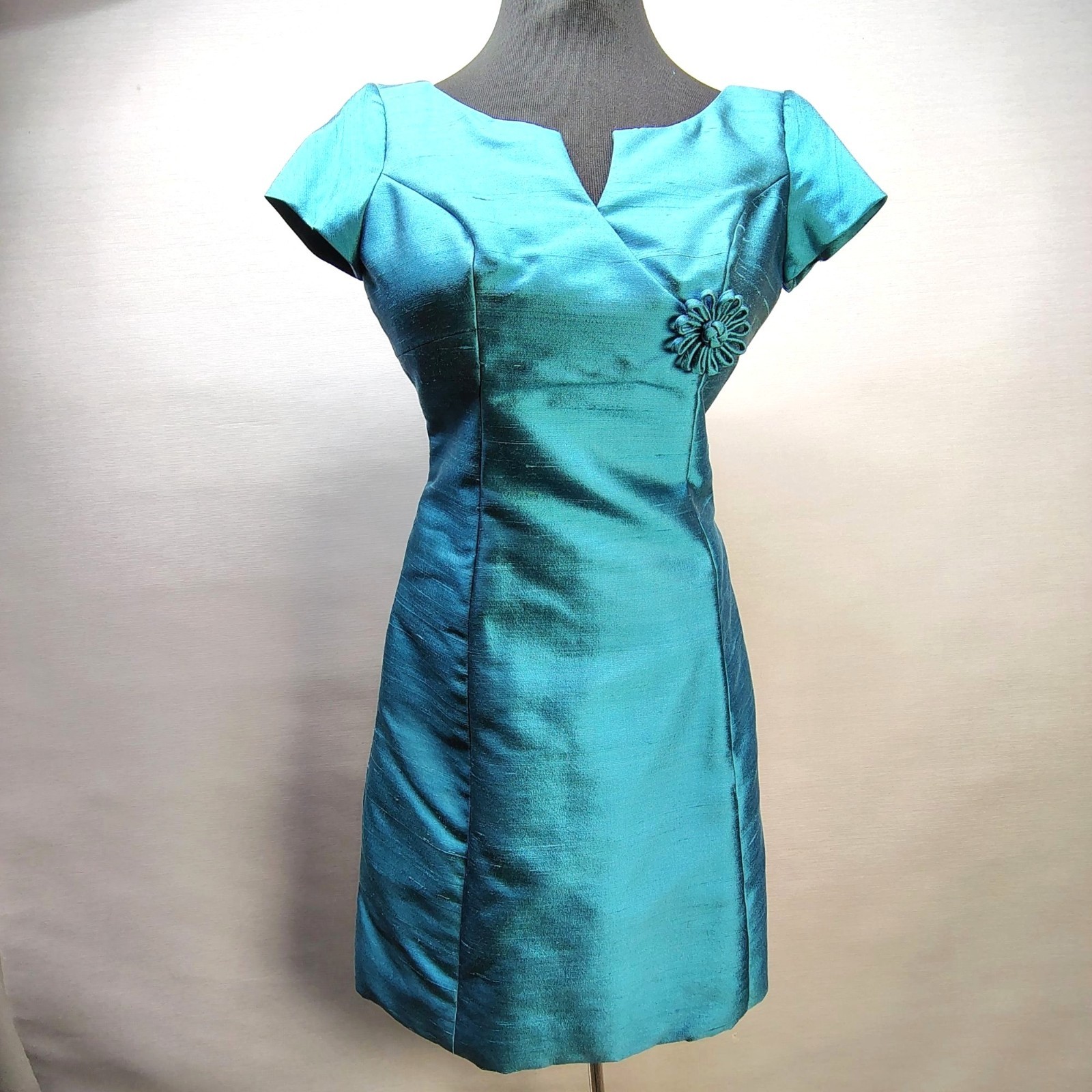 Vtg 60s Parnes Feinstein Silk Shantung Wiggle Dress Teal Blue Cocktail Mod Mint