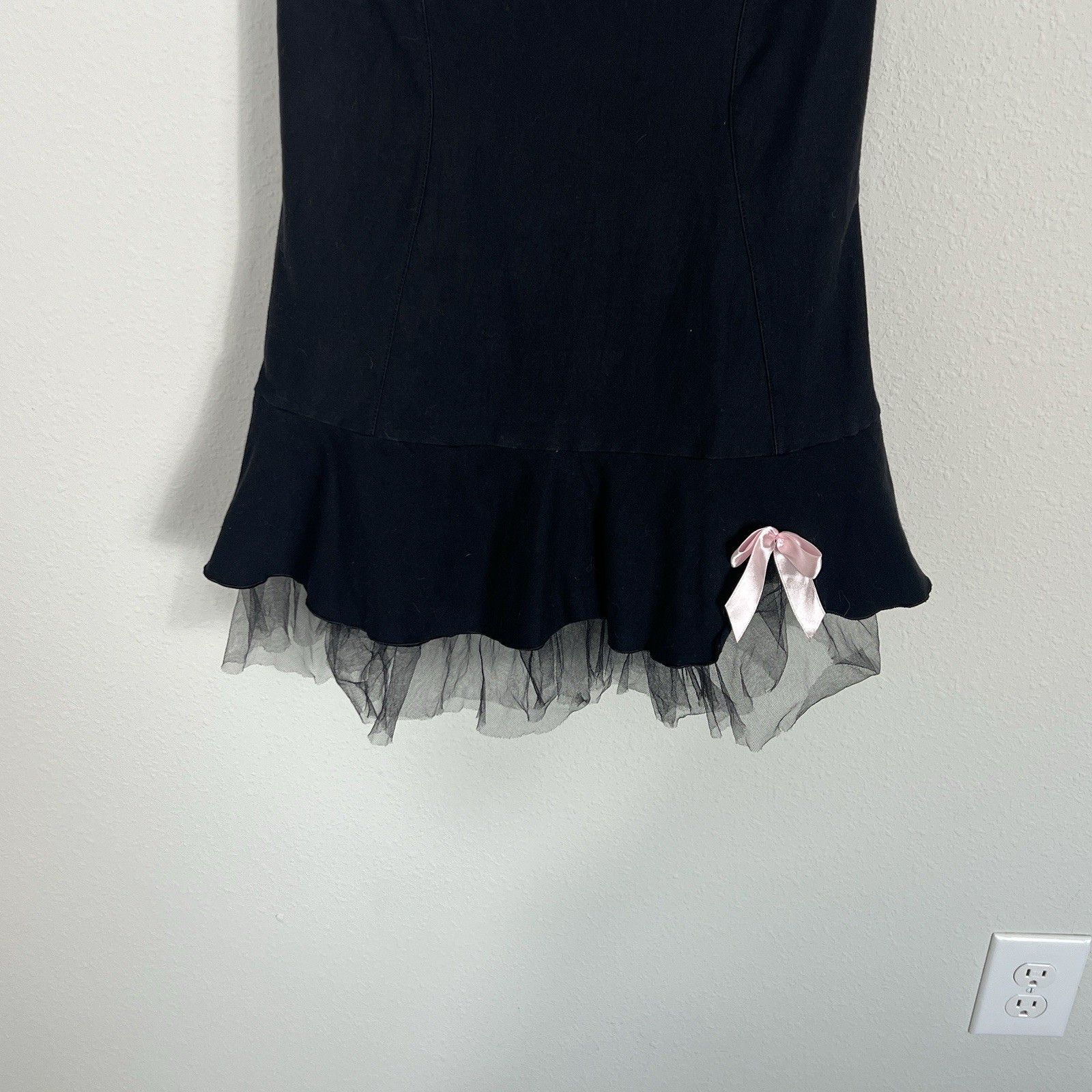 VINTAGE 90s JUST SHIRLEY Black Lingerie Corset Dress Pink Bows Tulle Large
