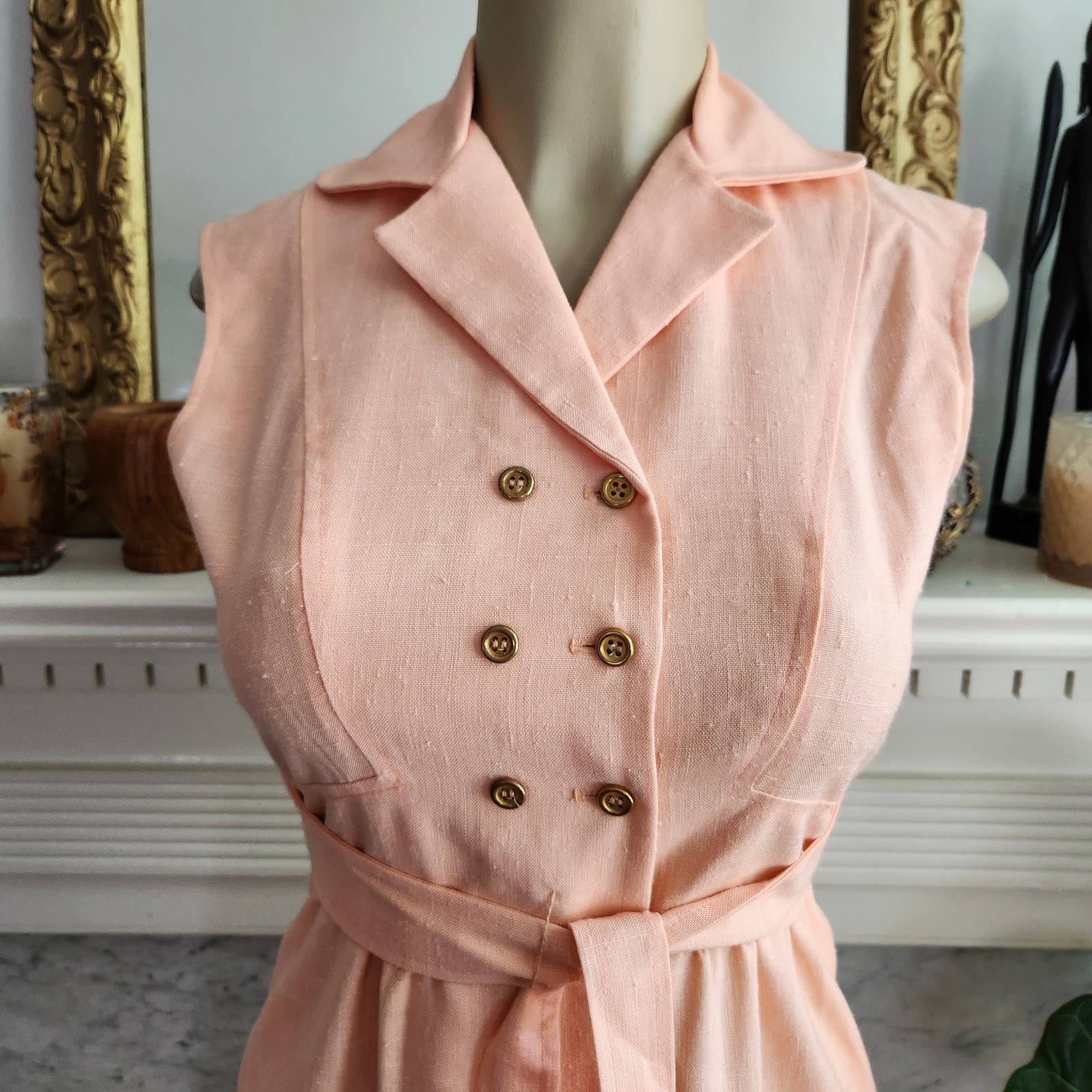 Vintage 1960s / 1970s Pastel Peach Dress Shirtdress MCM Double Breasted Sz Small