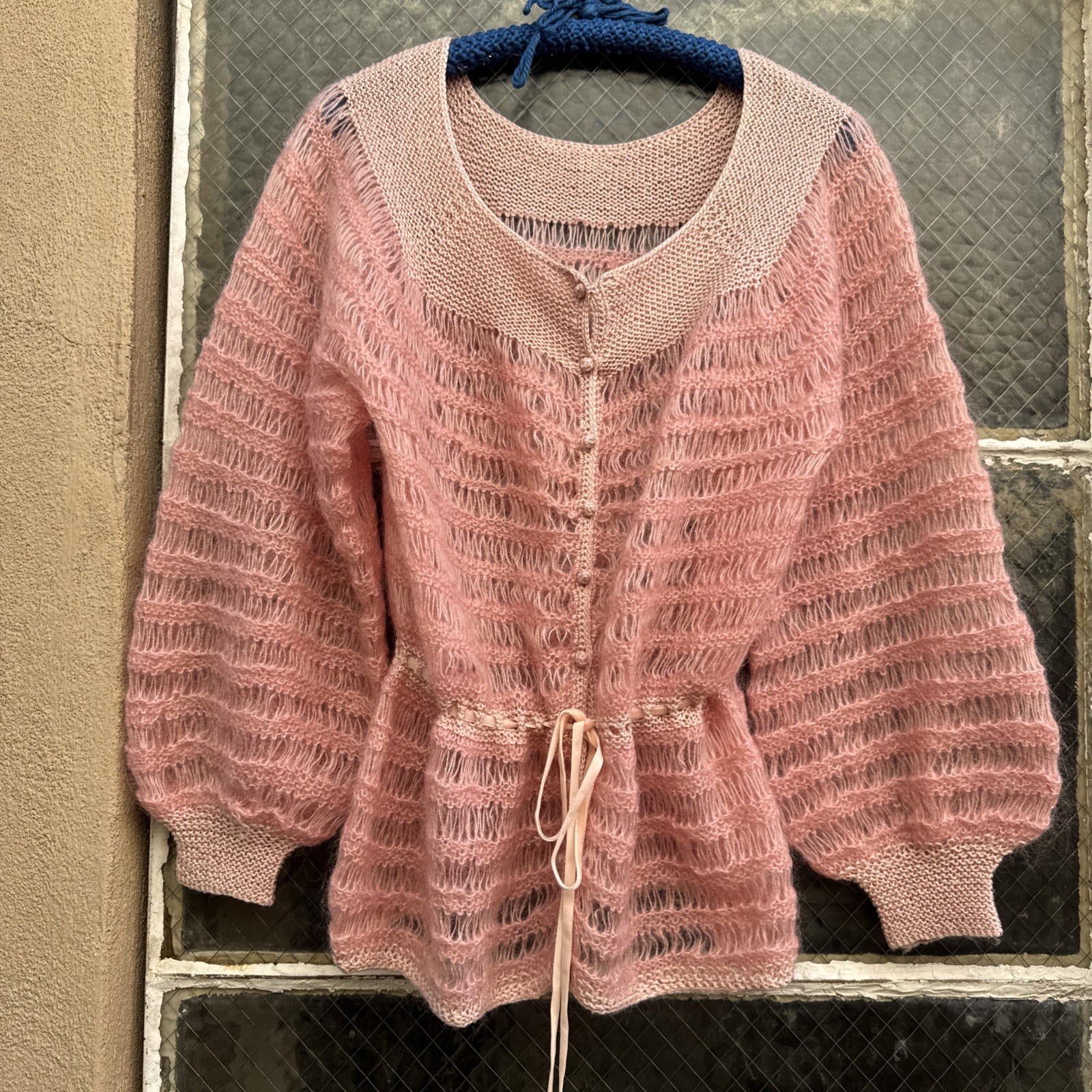 Vintage 1930s Pink Mohair Knit Wool Sweater Cardigan Balloon Sleeves Dress Top