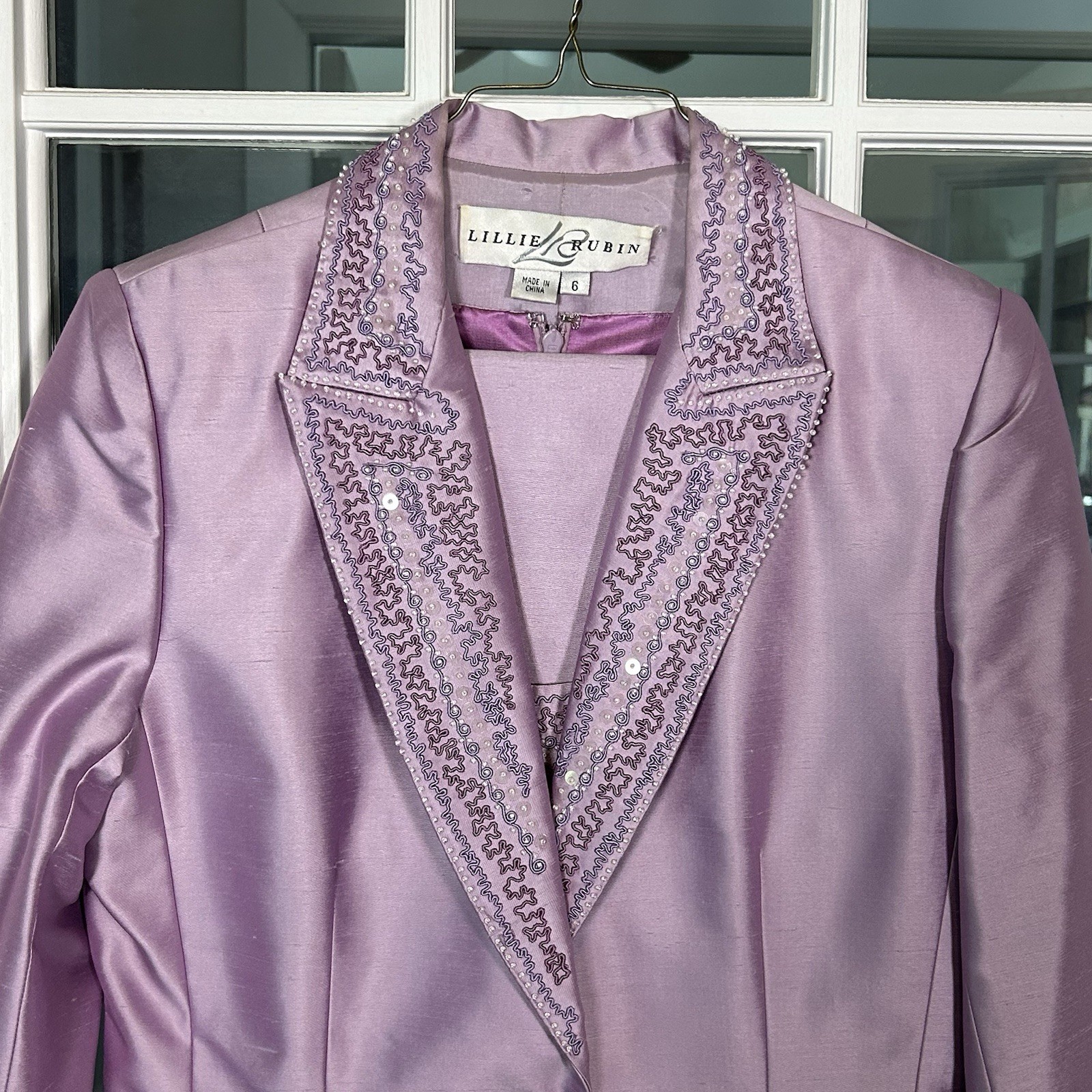 Lillie Rubin X Kay Unger Vintage 1990s 100% Silk Lavender Beaded Dress Jacket 6