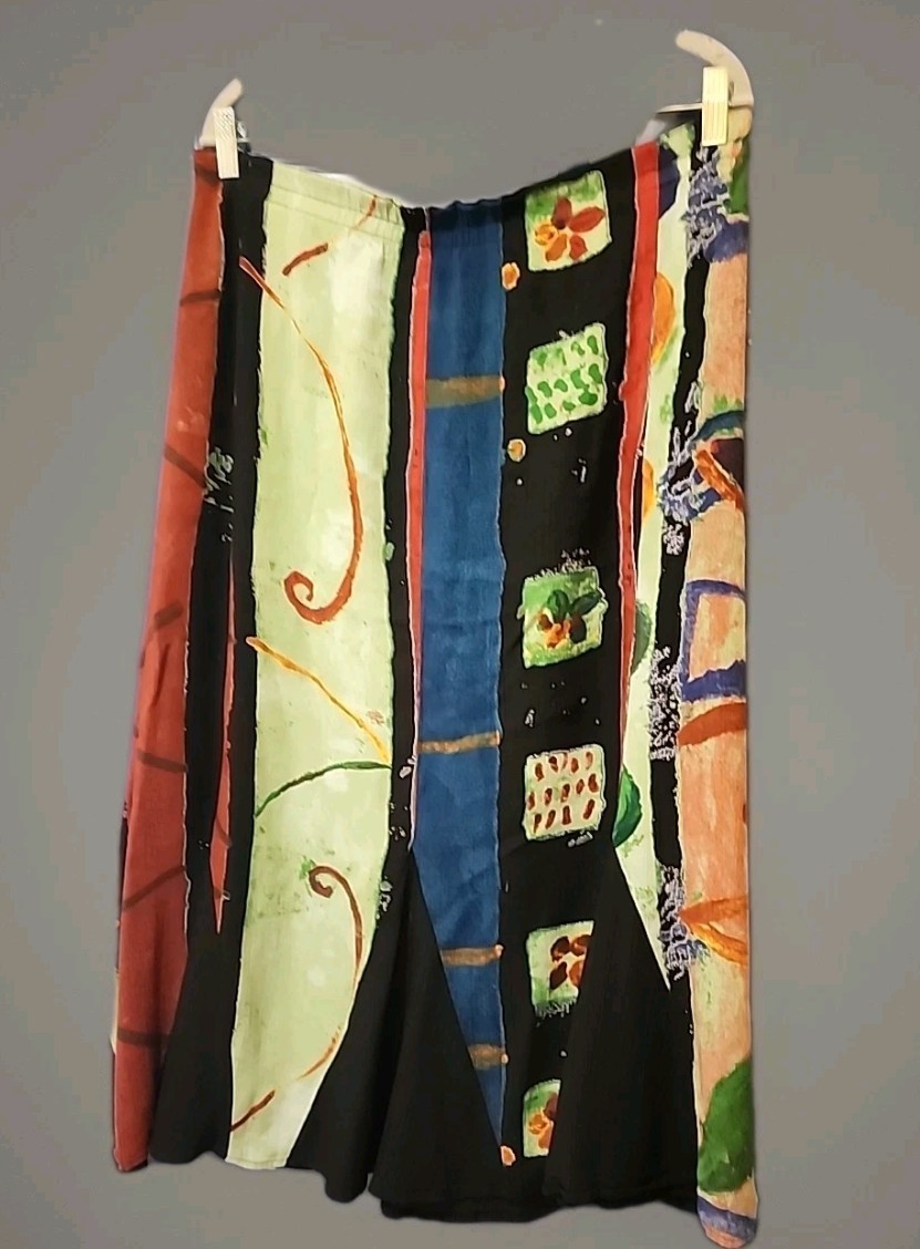 Vintage Art To Wear Carole Little 1X Lagenlook Midi Skirt Abstract W=34″ H= 52″